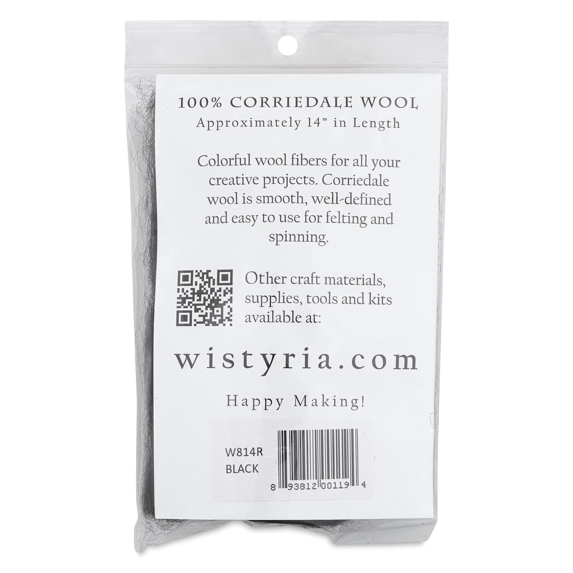 Wistyria Editions 100% Wool Roving - Black, 14" - back of packaging