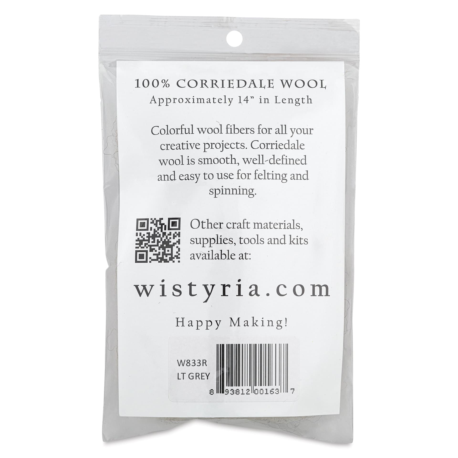 Wistyria Editions 100% Wool Roving - Light Grey, 14" - back of packaging