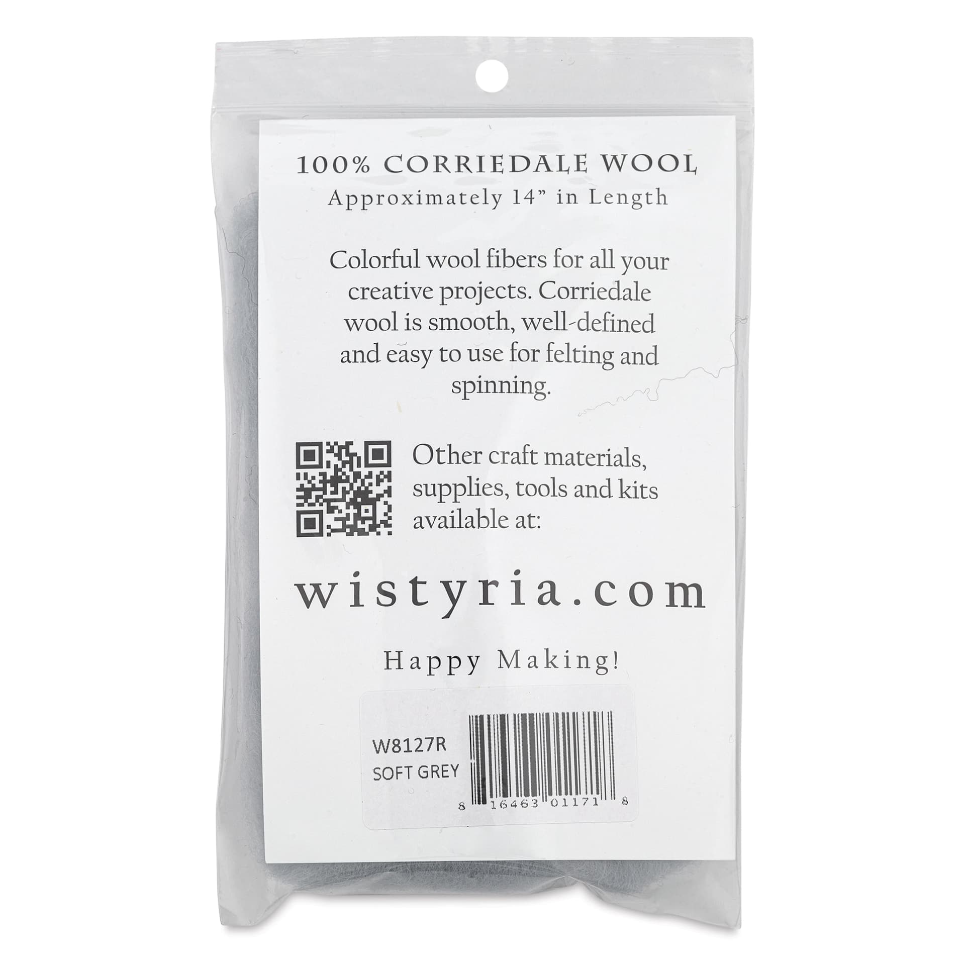 Wistyria Editions 100% Wool Roving - Soft Grey, 14" - back of packaging