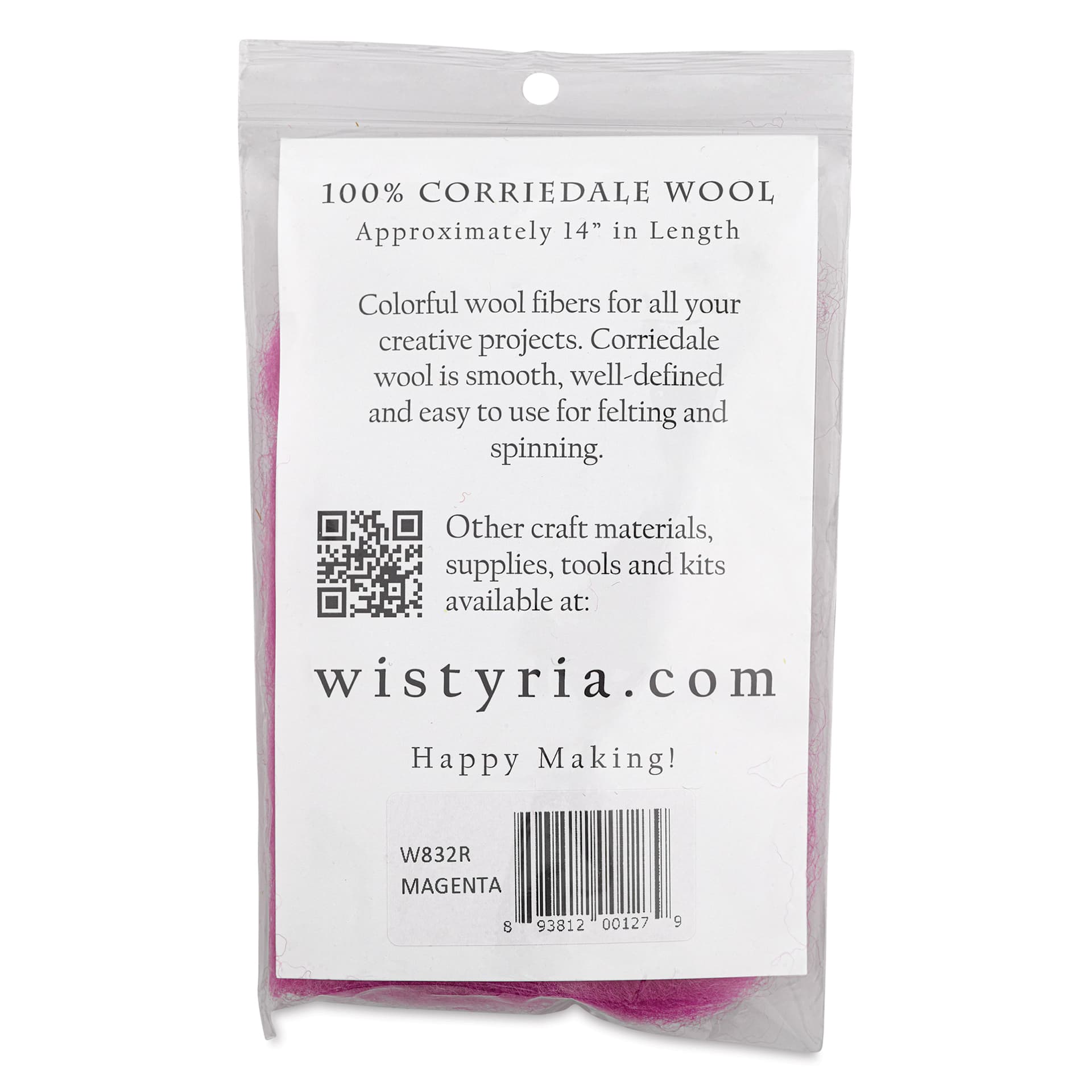 Wistyria Editions 100% Wool Roving - Magenta, 14" - back of packaging
