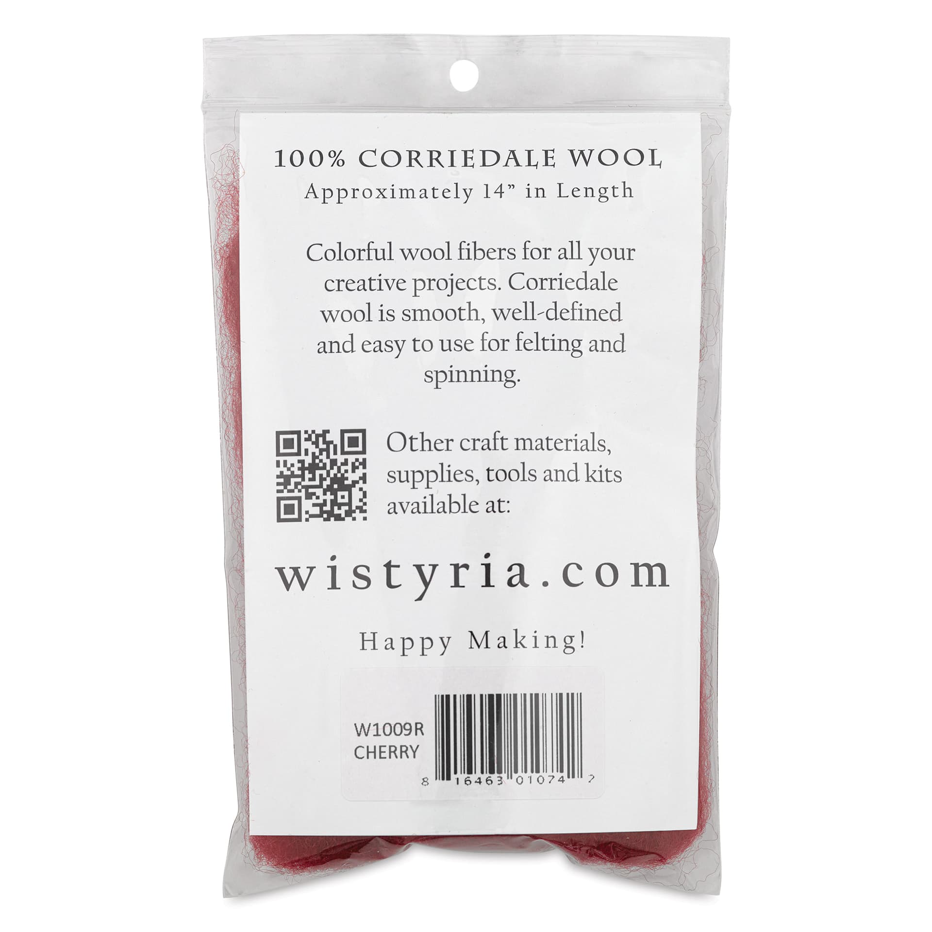 Wistyria Editions 100% Wool Roving - Cherry, 14" - back of packaging