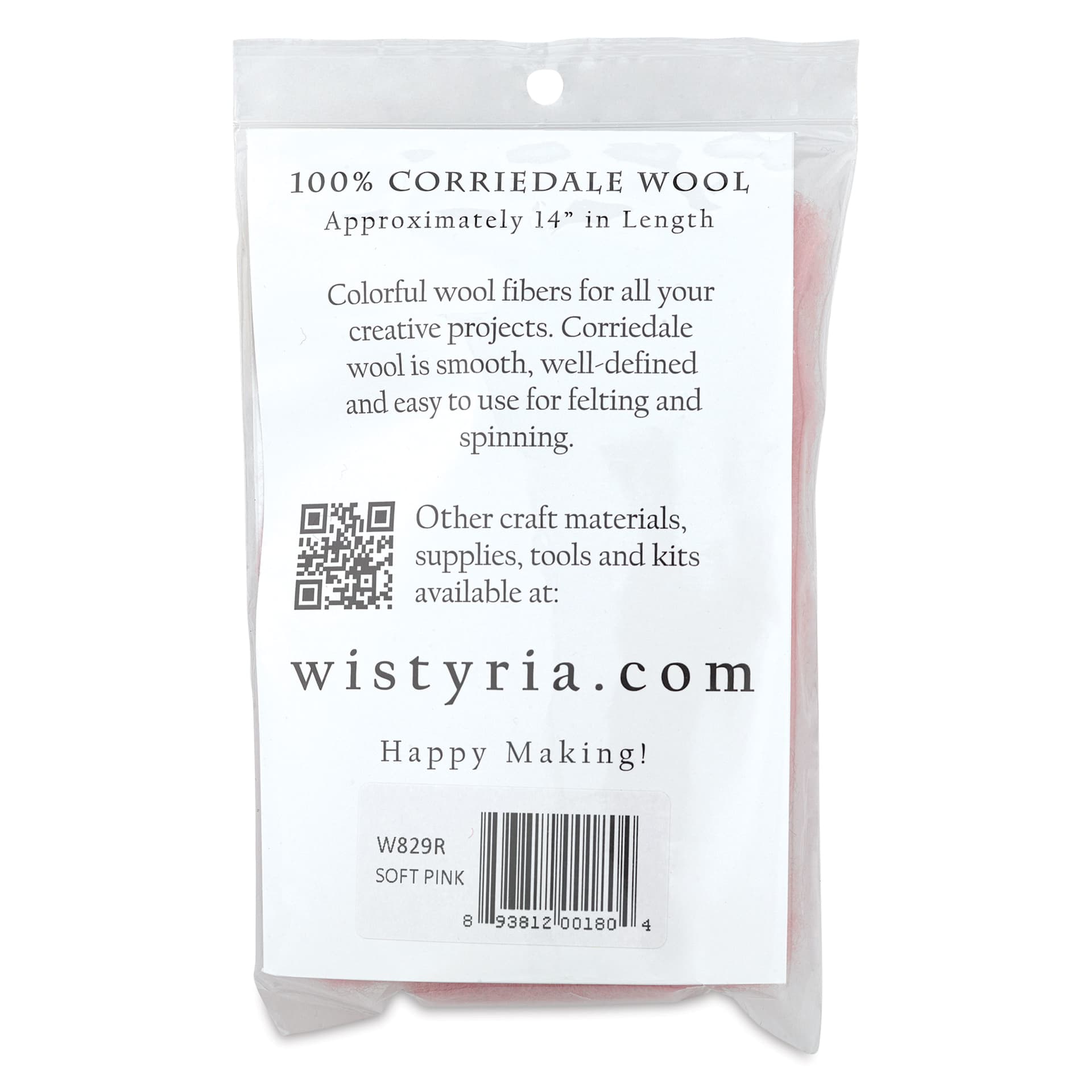Wistyria Editions 100% Wool Roving - Soft Pink, 14" - back of packaging