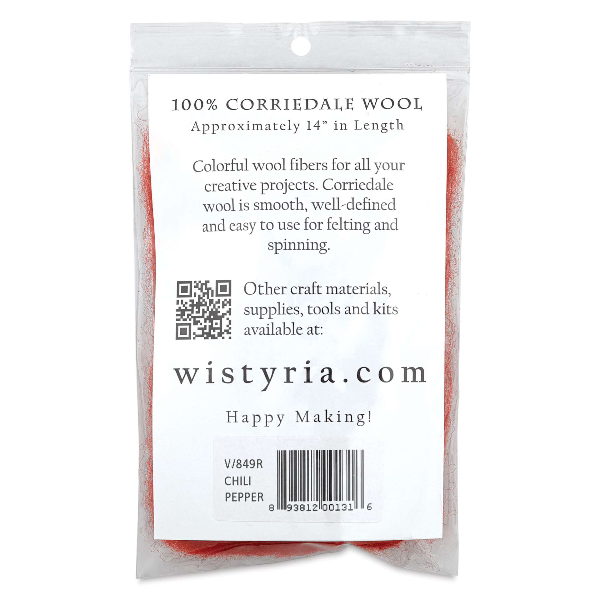 Wistyria Editions 100% Wool Roving - Chili Pepper, 14" - back of packaging