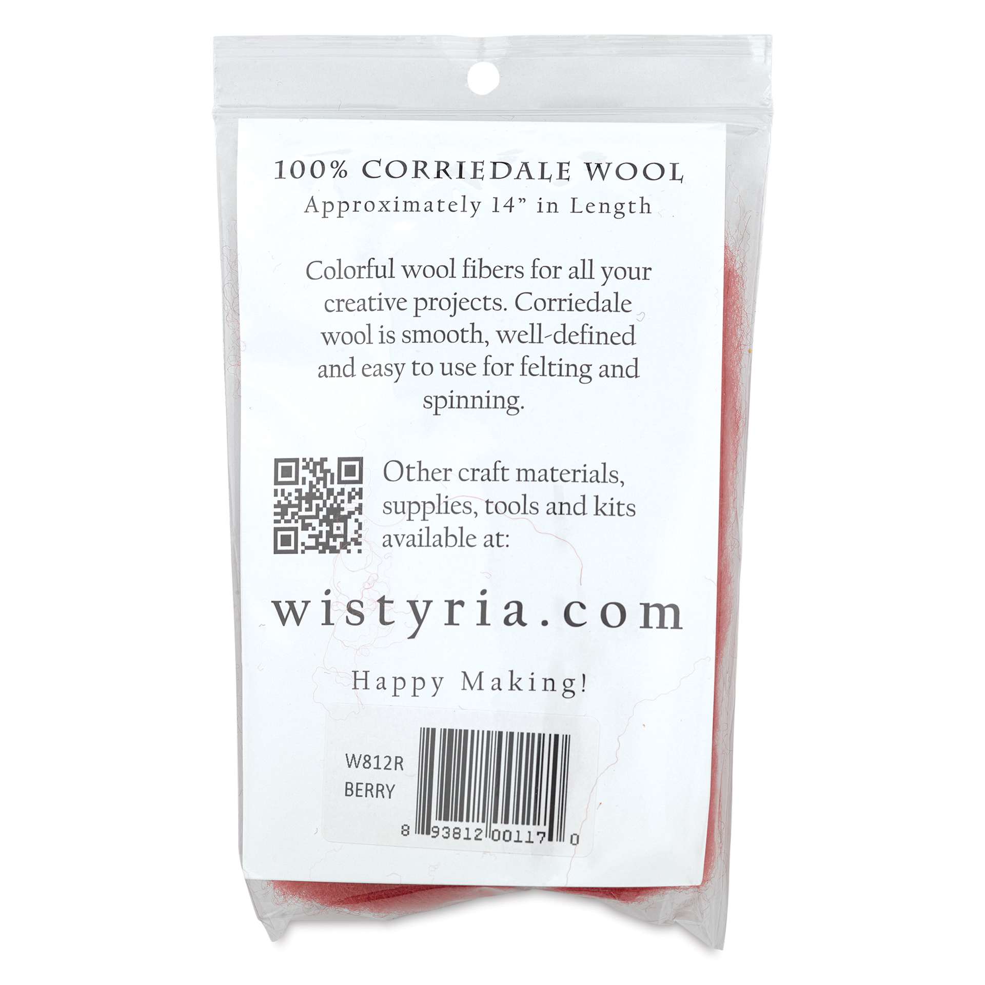 Wistyria Editions 100% Wool Roving - Berry, 14" - back of packaging