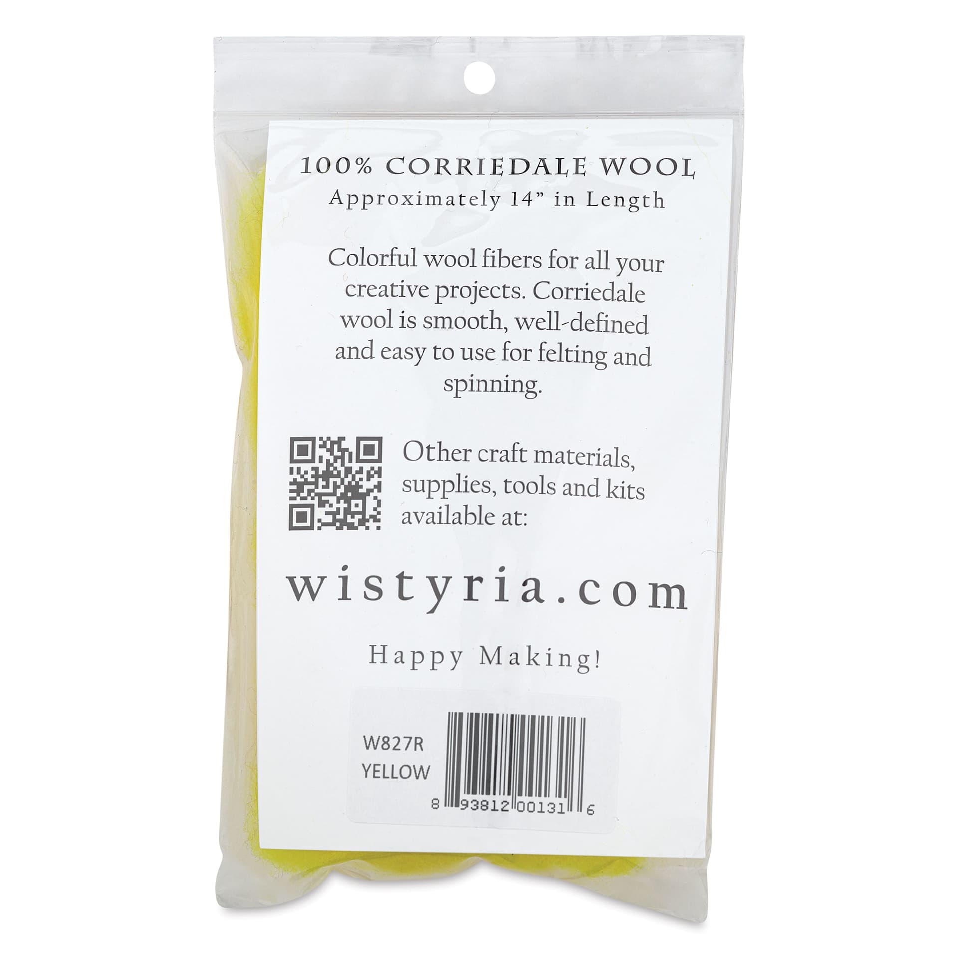 Wistyria Editions 100% Wool Roving - Yellow, 14" - back of packaging