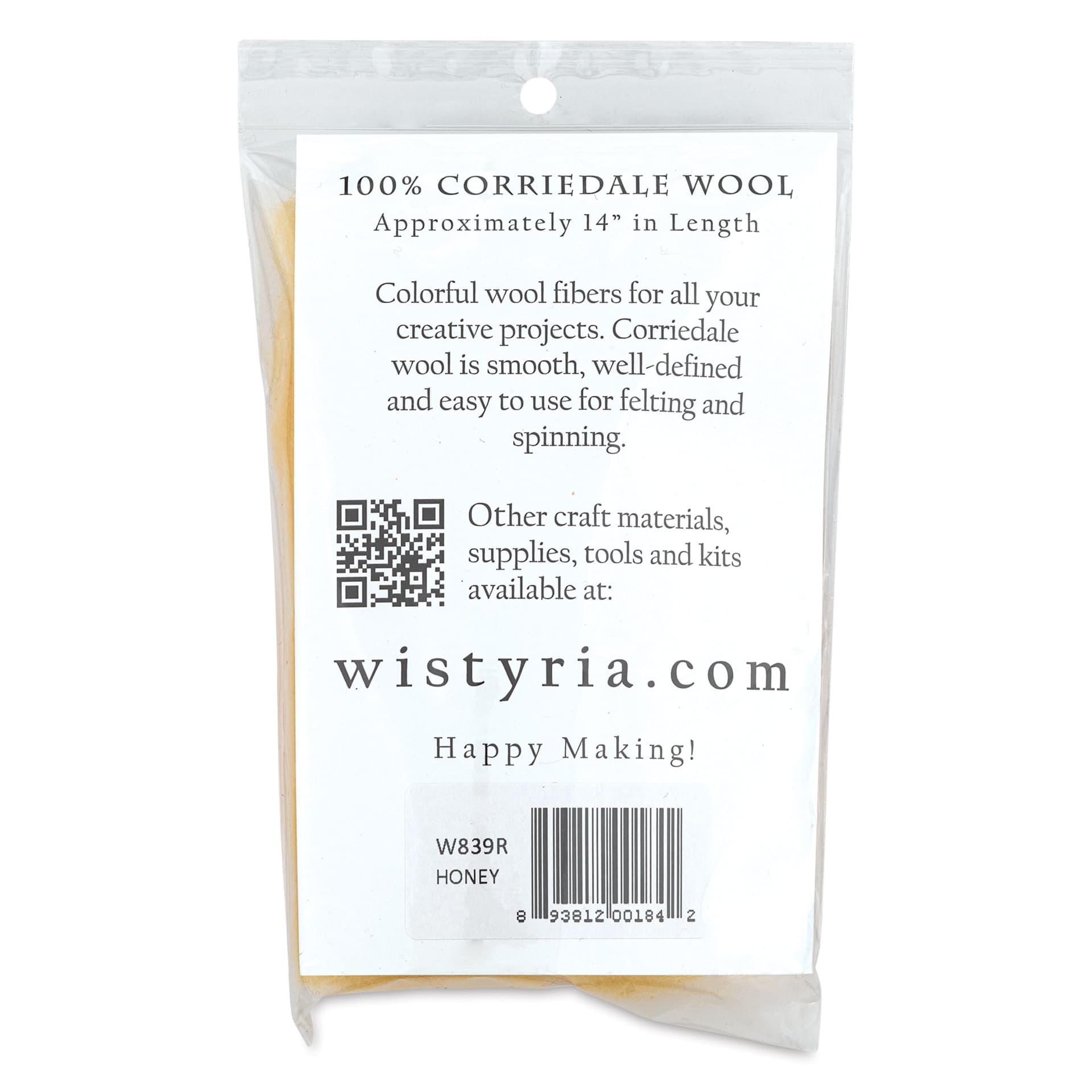 Wistyria Editions 100% Wool Roving - Honey, 14" - back of packaging