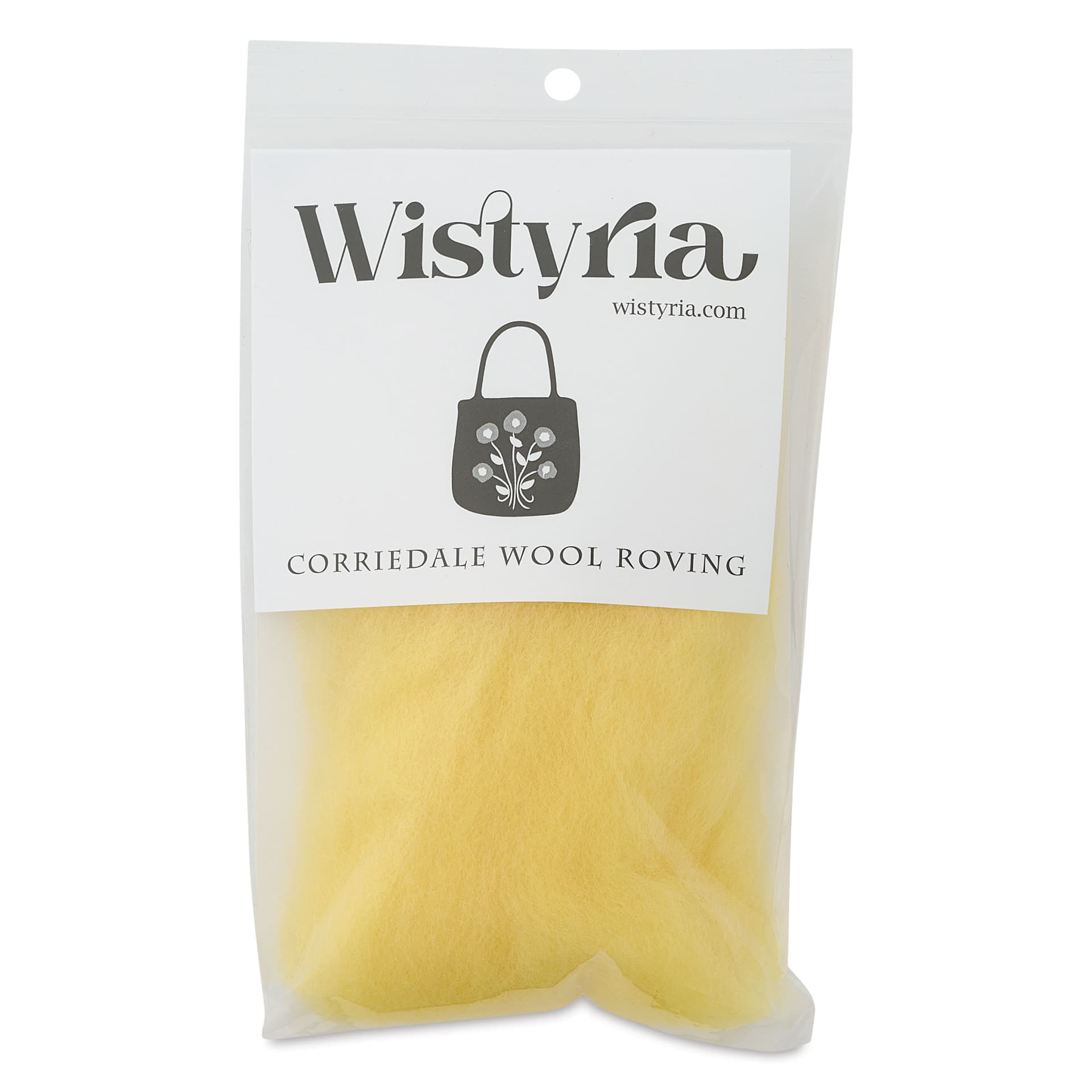 Wistyria Editions 100% Wool Roving - Lemon, 14" front of packaging