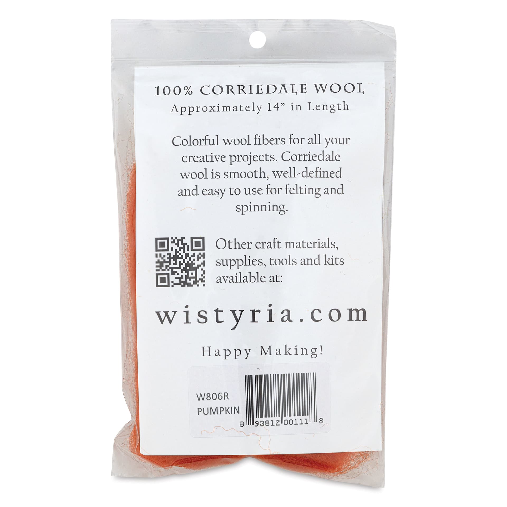 Wistyria Editions 100% Wool Roving - Pumpkin, 14" - back of packaging