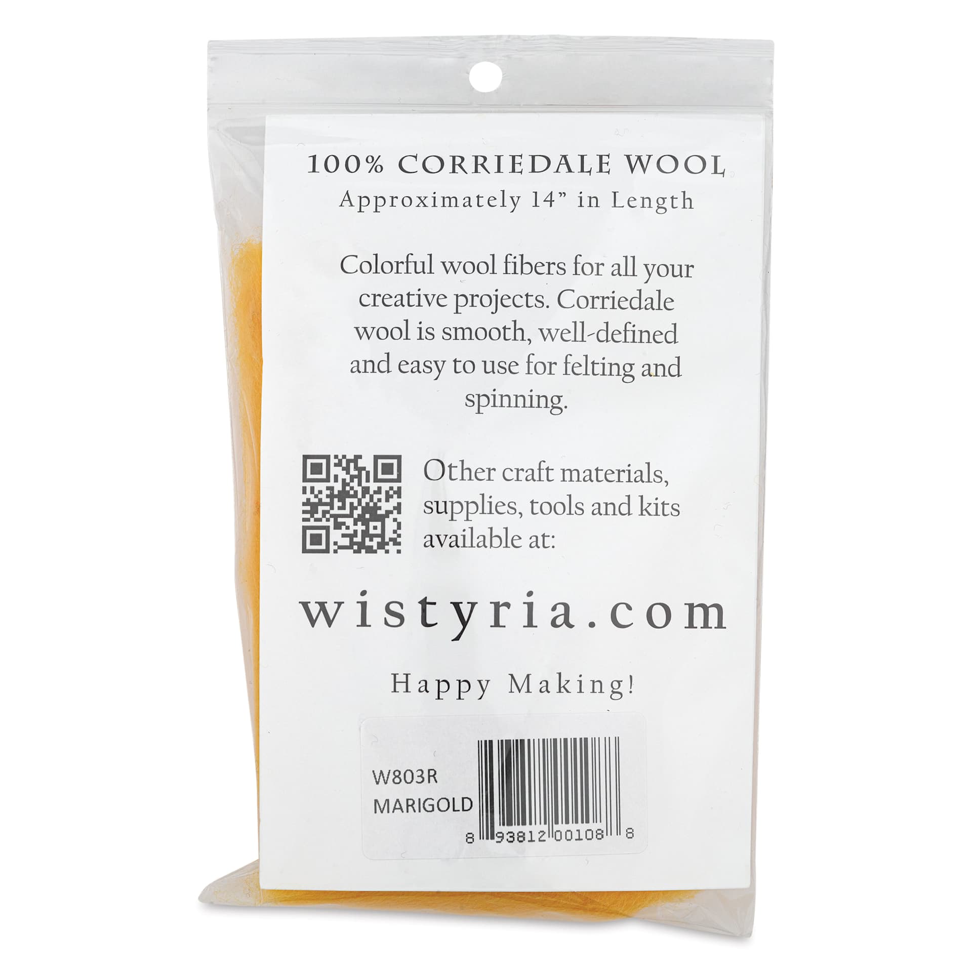 Wistyria Editions 100% Wool Roving - Marigold, 14" - back of packaging