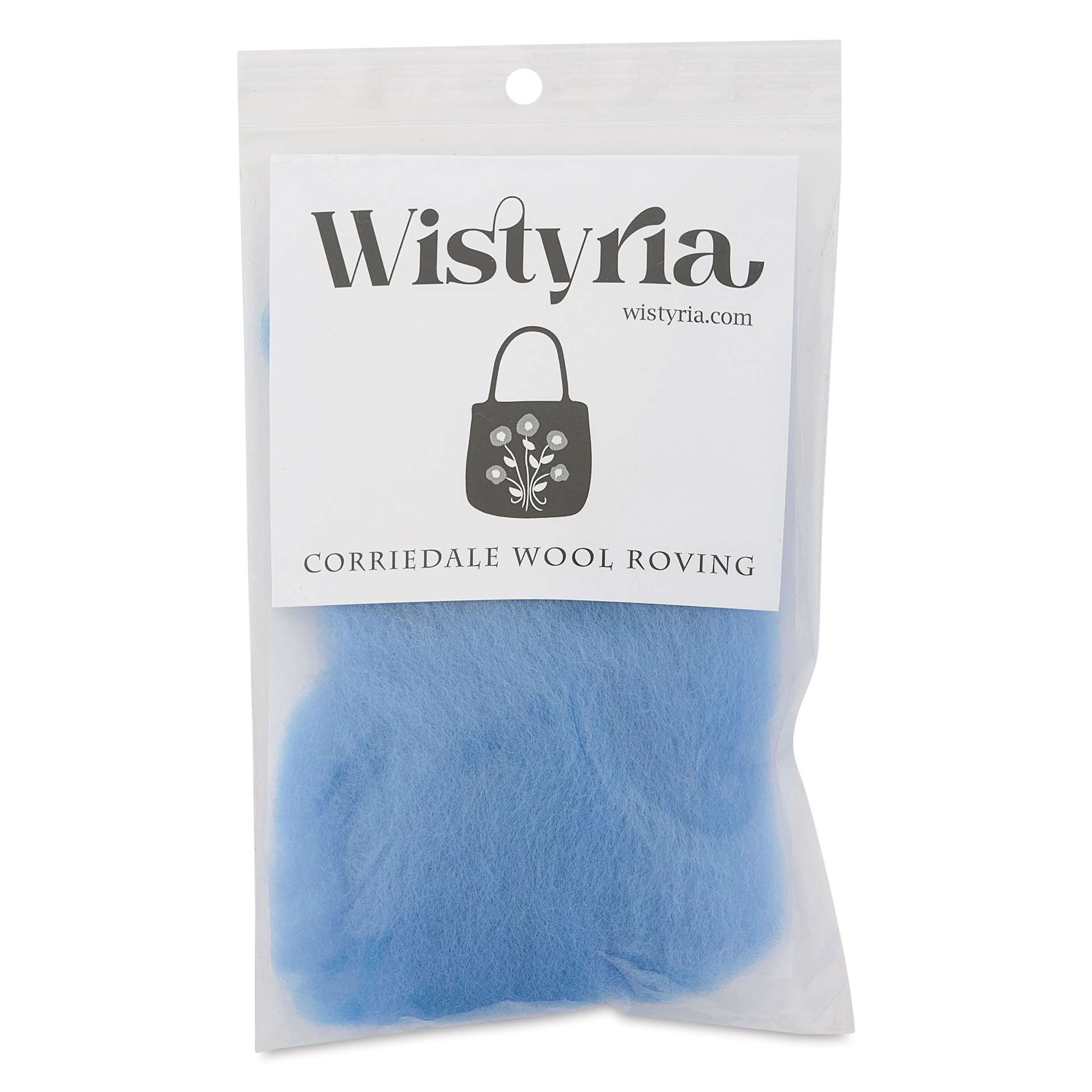 Wistyria Editions 100% Wool Roving - Sky Blue, 14" front of packaging
