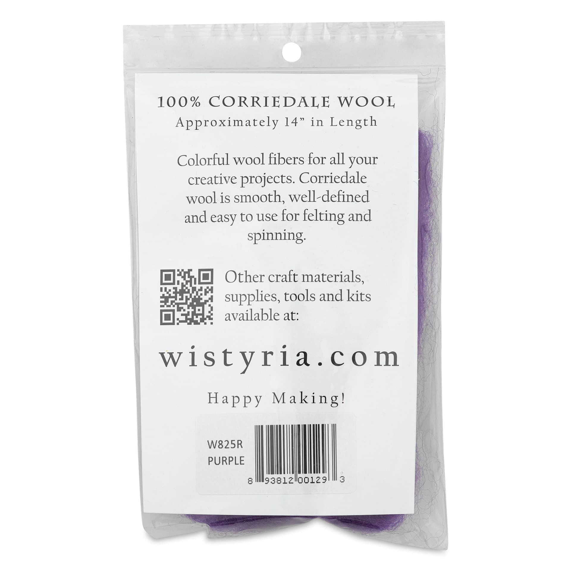Wistyria Editions 100% Wool Roving - Purple, 14" - back of packaging