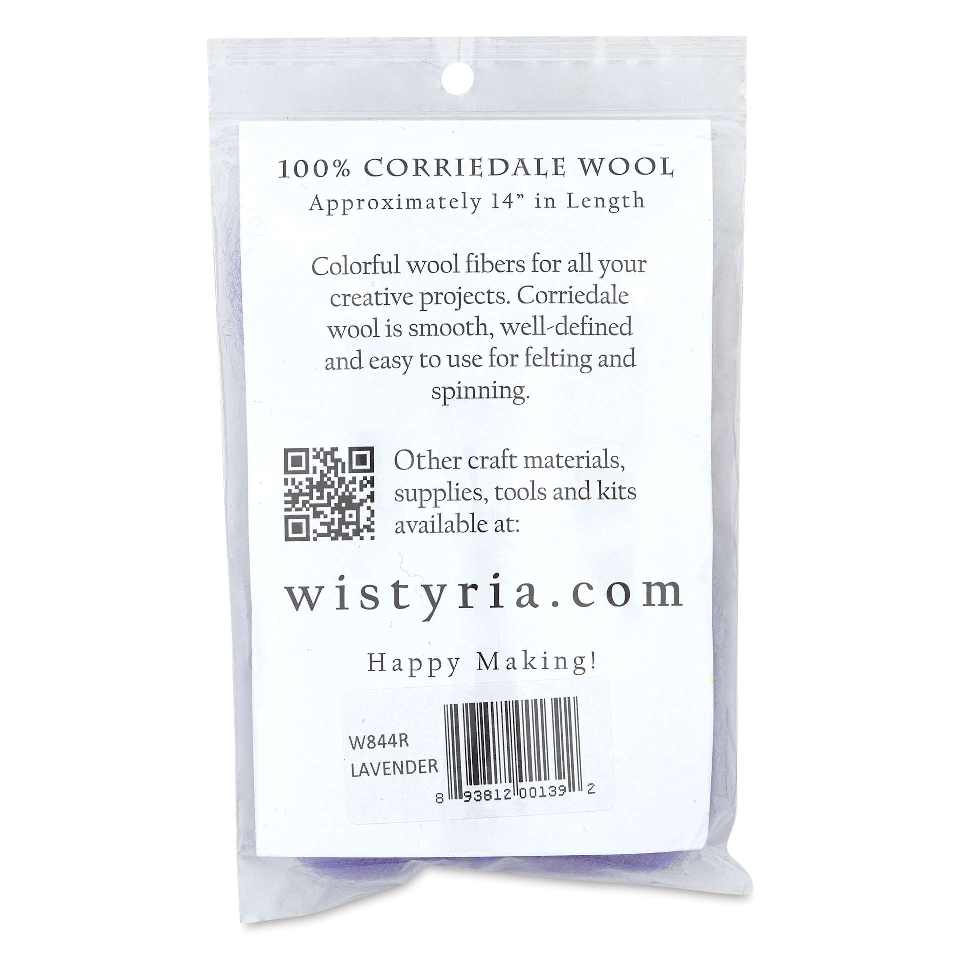 Wistyria Editions 100% Wool Roving - Lavender, 14" - back of packaging
