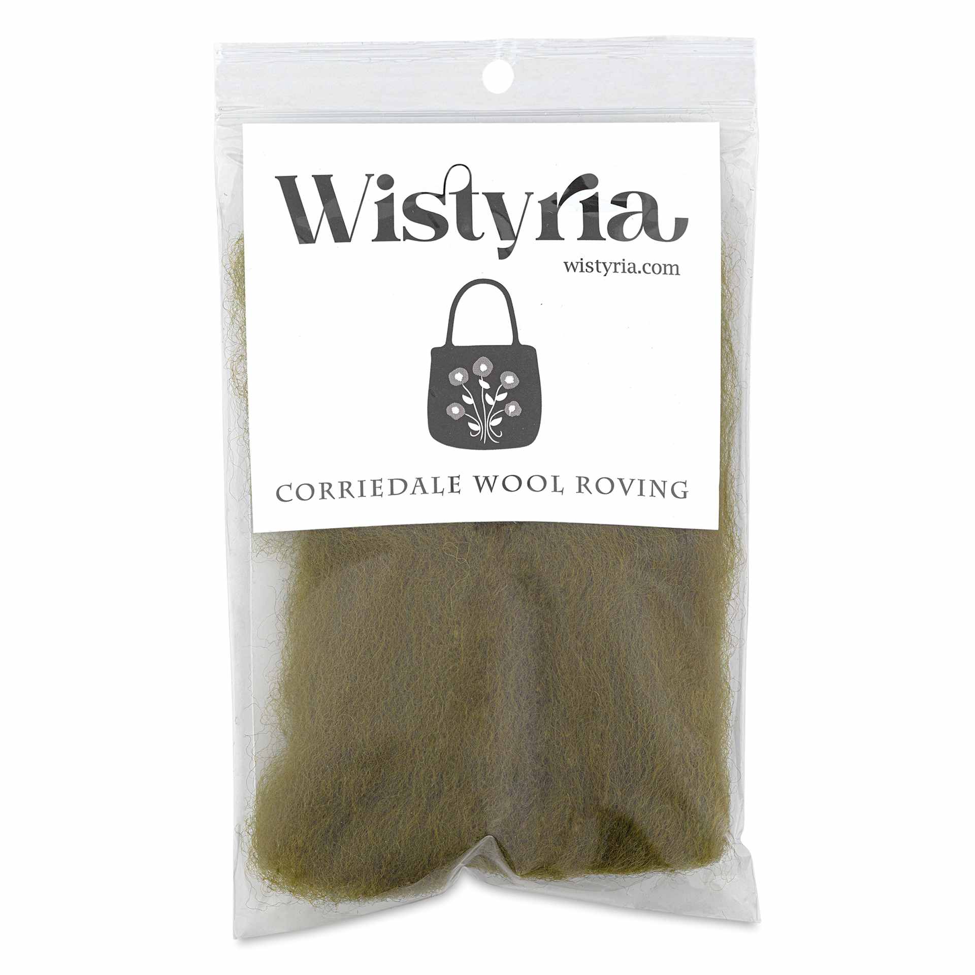 Wistyria Editions 100% Wool Roving - Olive, 14" - front of packaging