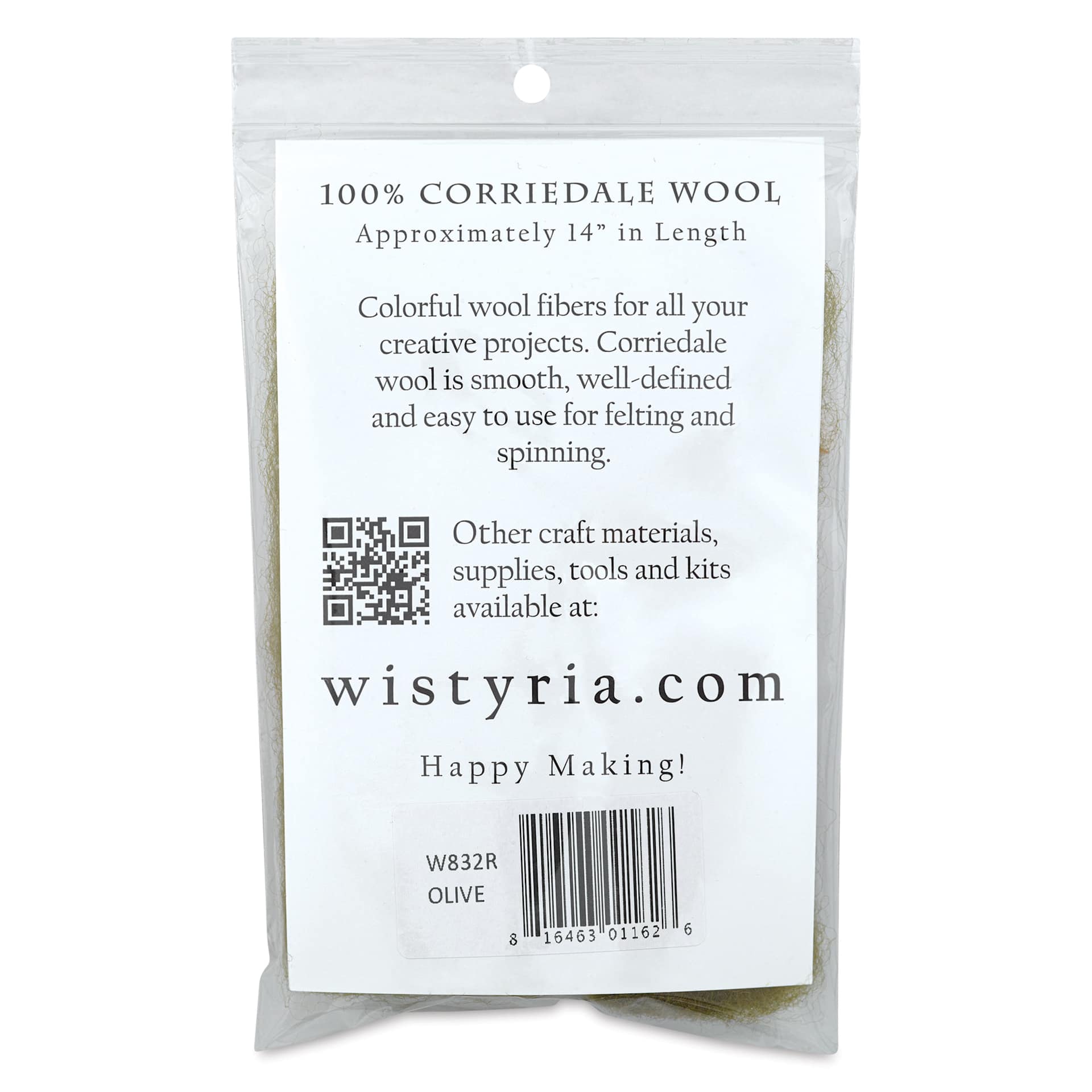 Wistyria Editions 100% Wool Roving - Olive, 14" - back of packaging