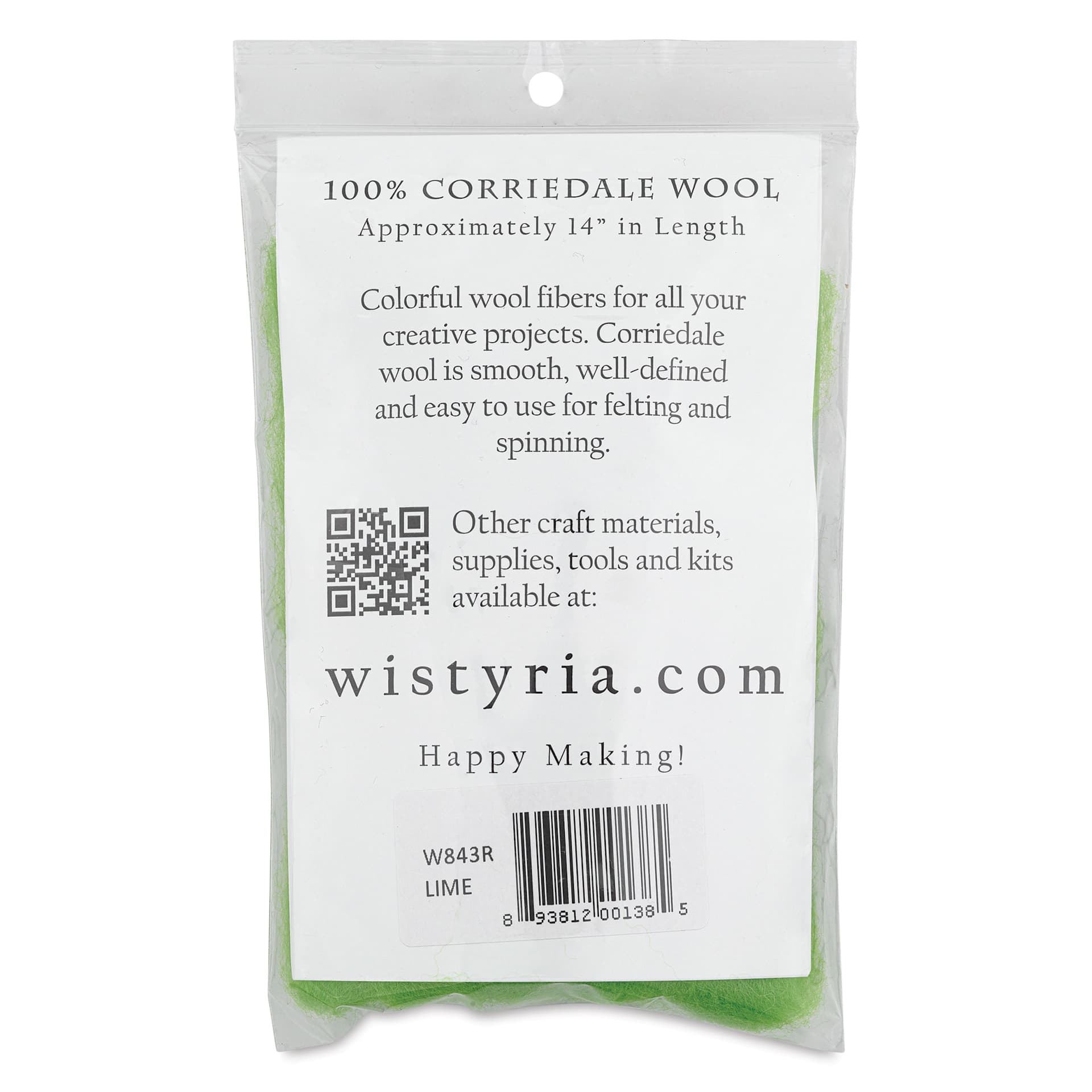Wistyria Editions 100% Wool Roving - Lime, 14" - back of packaging