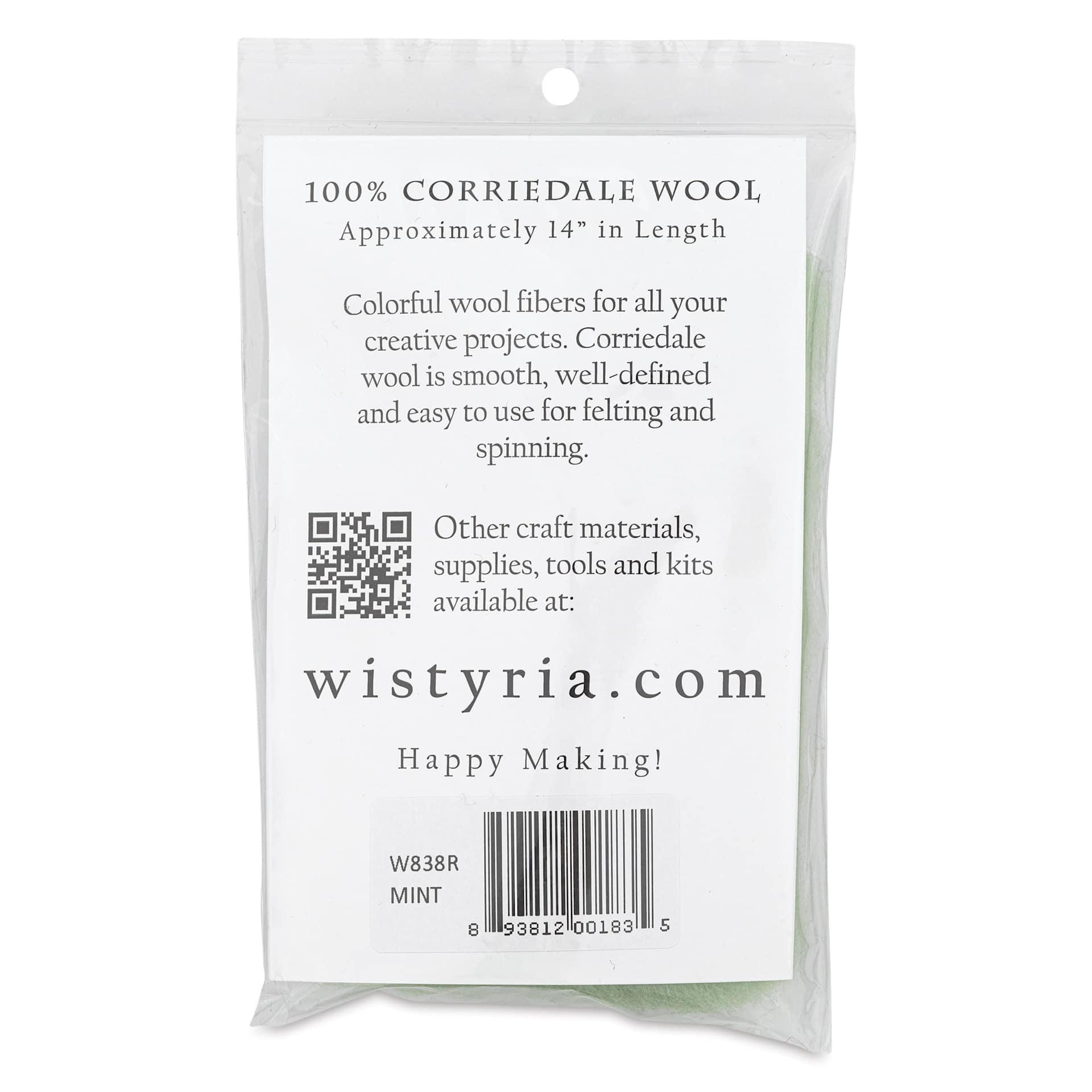 Wistyria Editions 100% Wool Roving - Mint, 14" - back of product