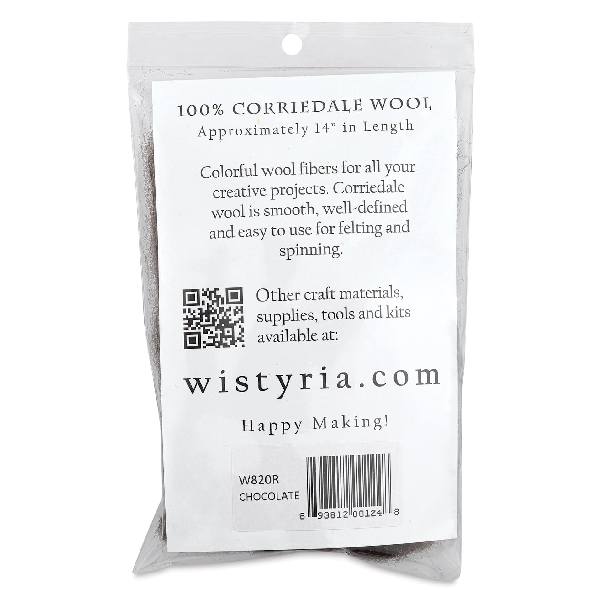 Wistyria Editions 100% Wool Roving - Chocolate, 14" - back of packaging