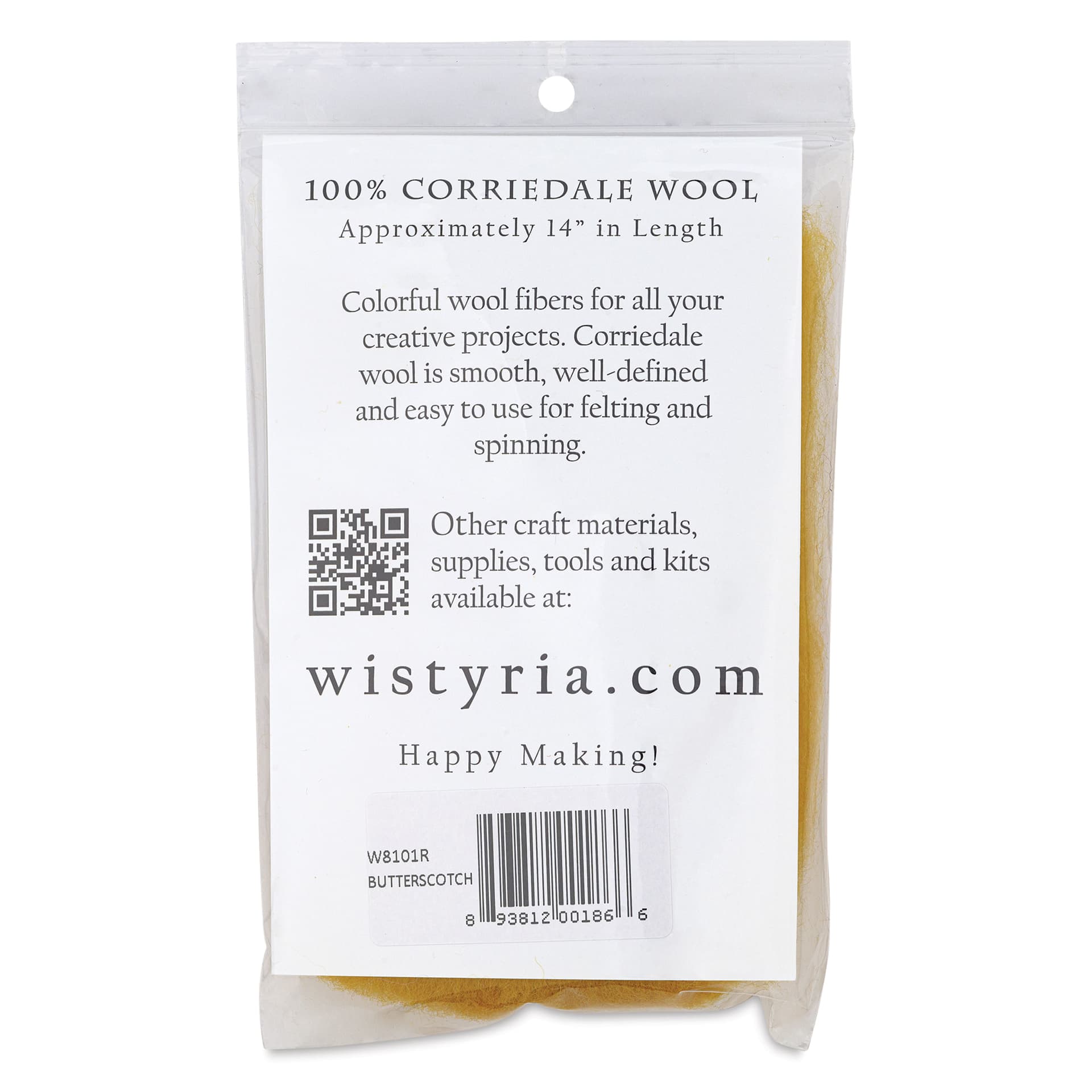 Wistyria Editions 100% Wool Roving - Butterscotch, 14" - back of packaging