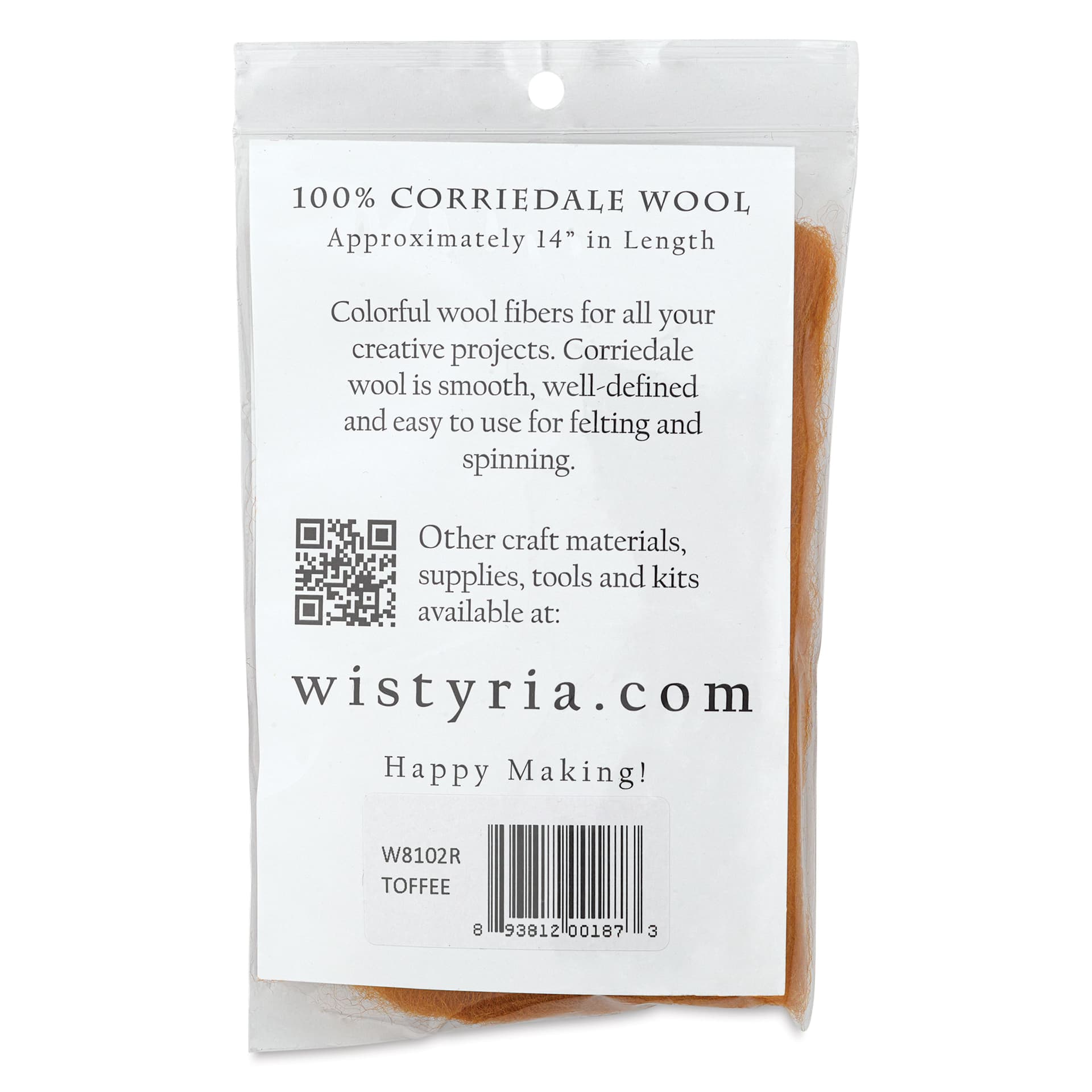 Wistyria Editions 100% Wool Roving - Toffee, 14" - back of packaging
