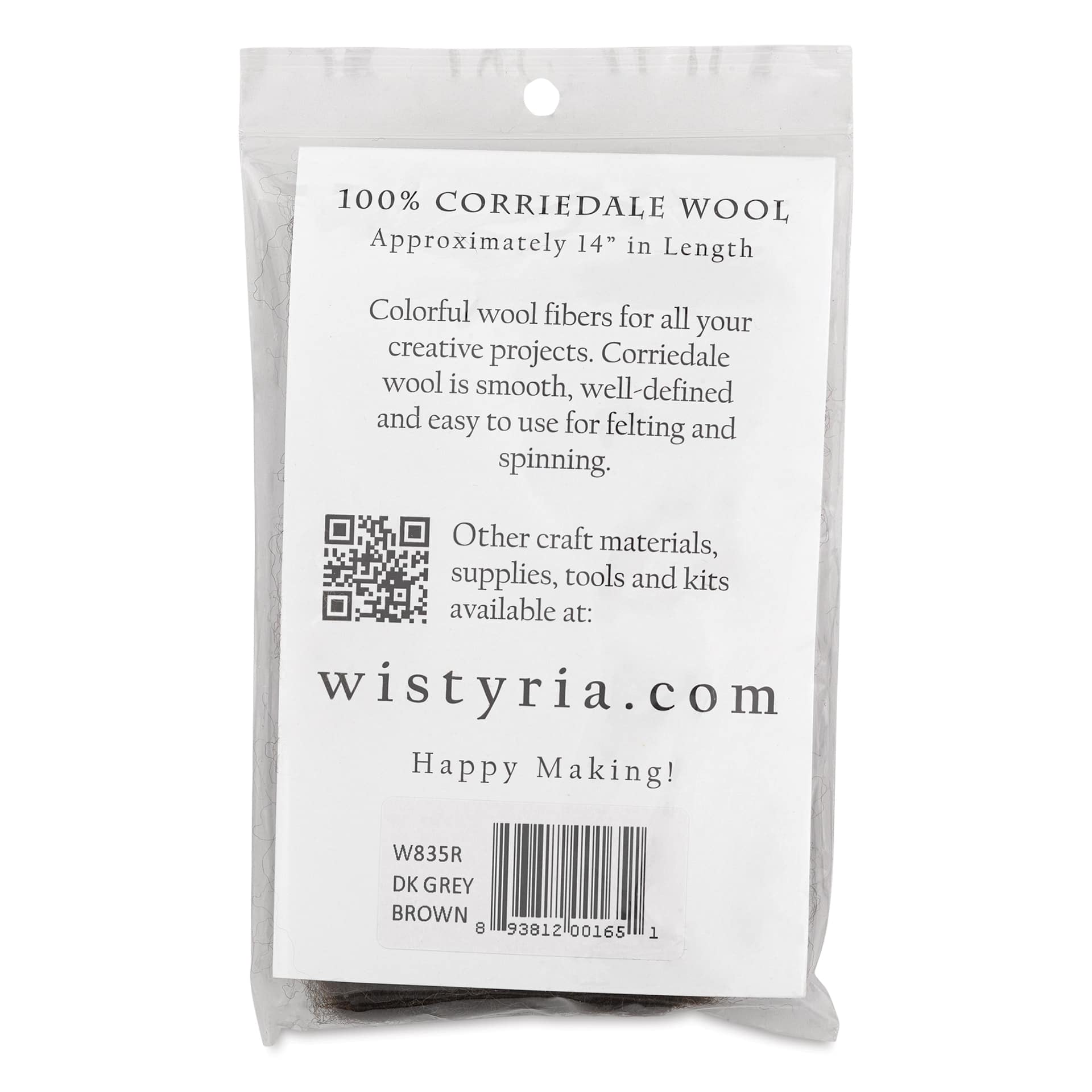 Wistyria Editions 100% Wool Roving - Dark Grey Brown, 14" - back of packaging