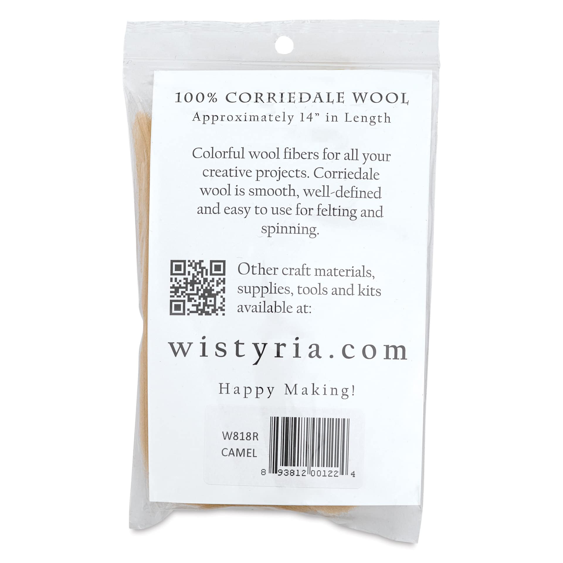 Wistyria Editions 100% Wool Roving - Camel, 14" - back of packaging