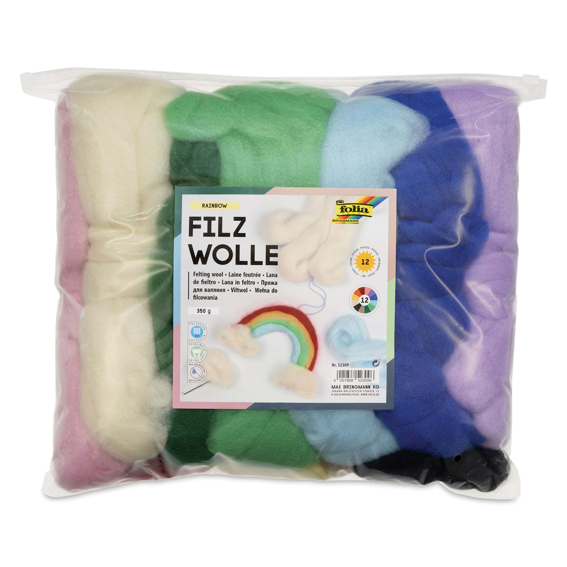 Folia Rainbow Felting Wool - Set of 12 Colors, 350 g front of packaging