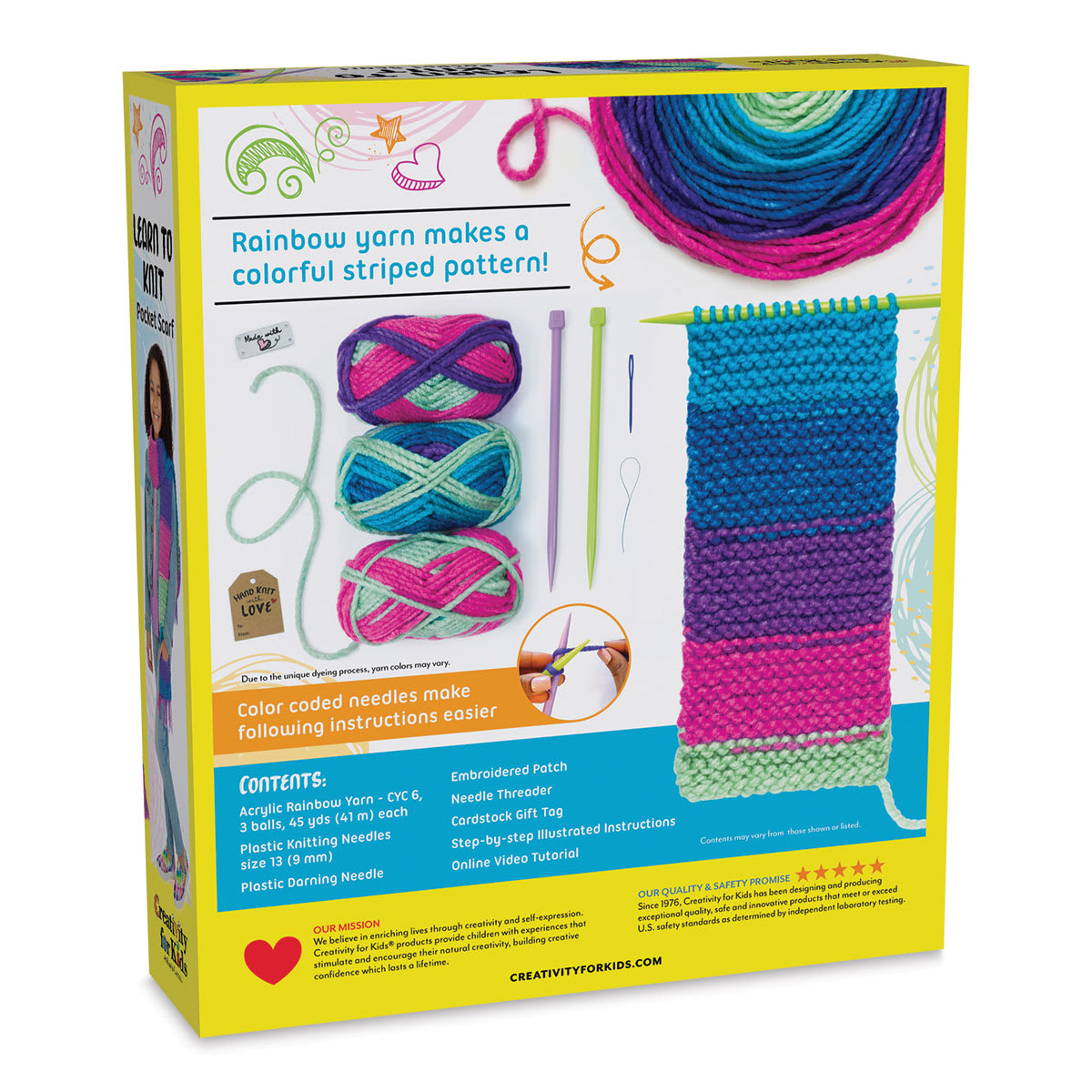 Creativity for Kids Learn to Knit Pocket Scarf Kit (Back of packaging)