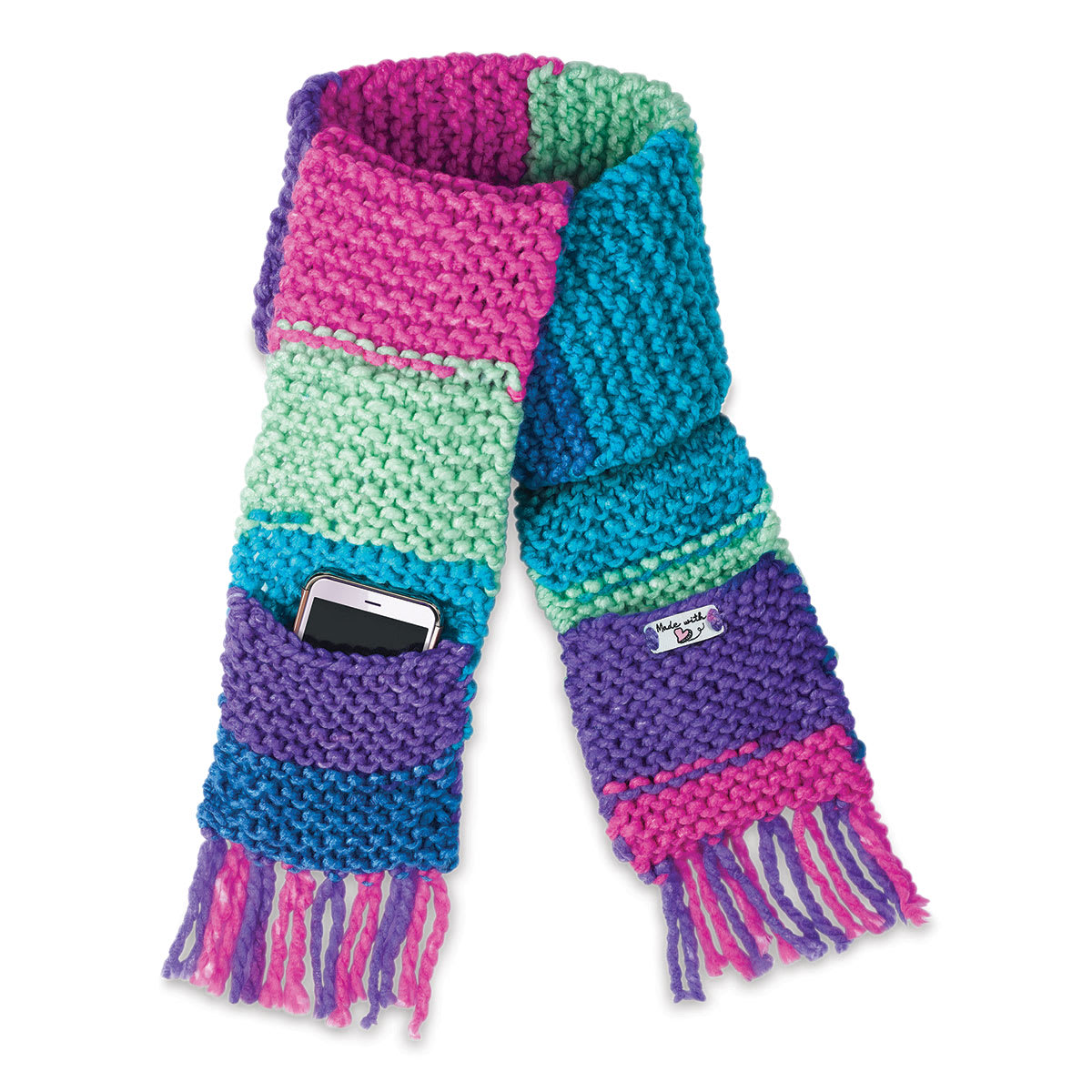 Creativity for Kids Learn to Knit Pocket Scarf Kit (Sample completed pocket scarf with phone in pocket)