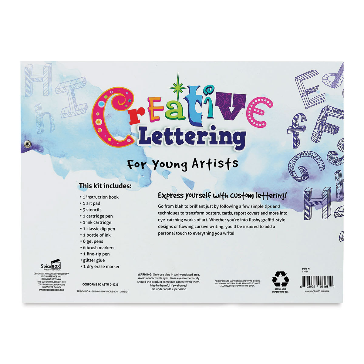 SpiceBox Creative Lettering for Young Artists Kit - Back of package