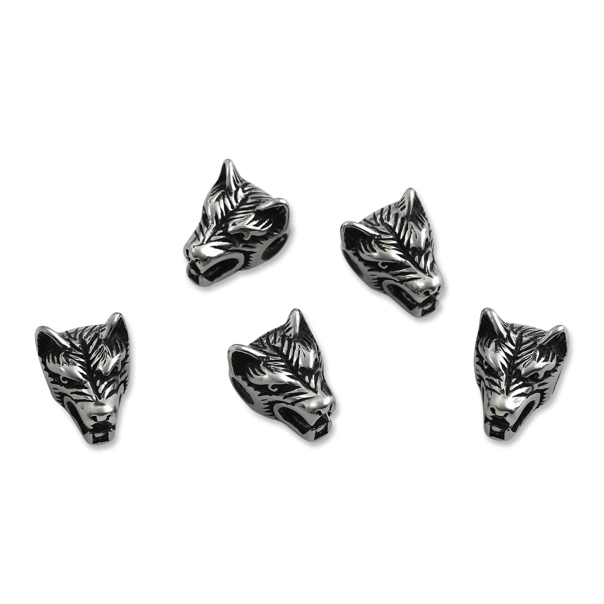 John Bead Antique Stainless Steel Beads - Wolf Head 2, 11 x 14 mm, Pkg of 5, from above