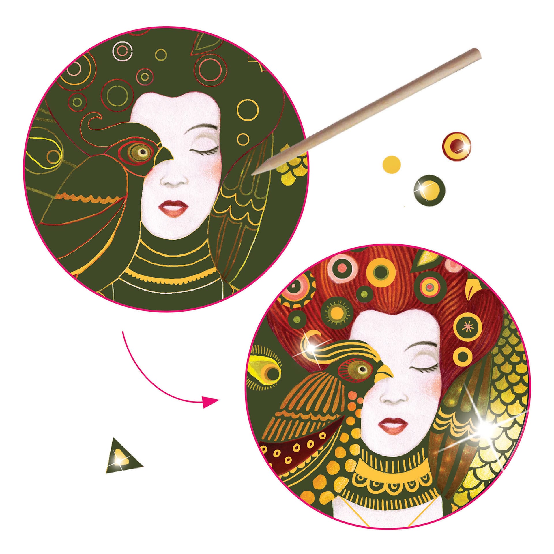 Djeco Inspired By Golden Goddesses Scratch Cards Kit (Scratch card before and after scratching)