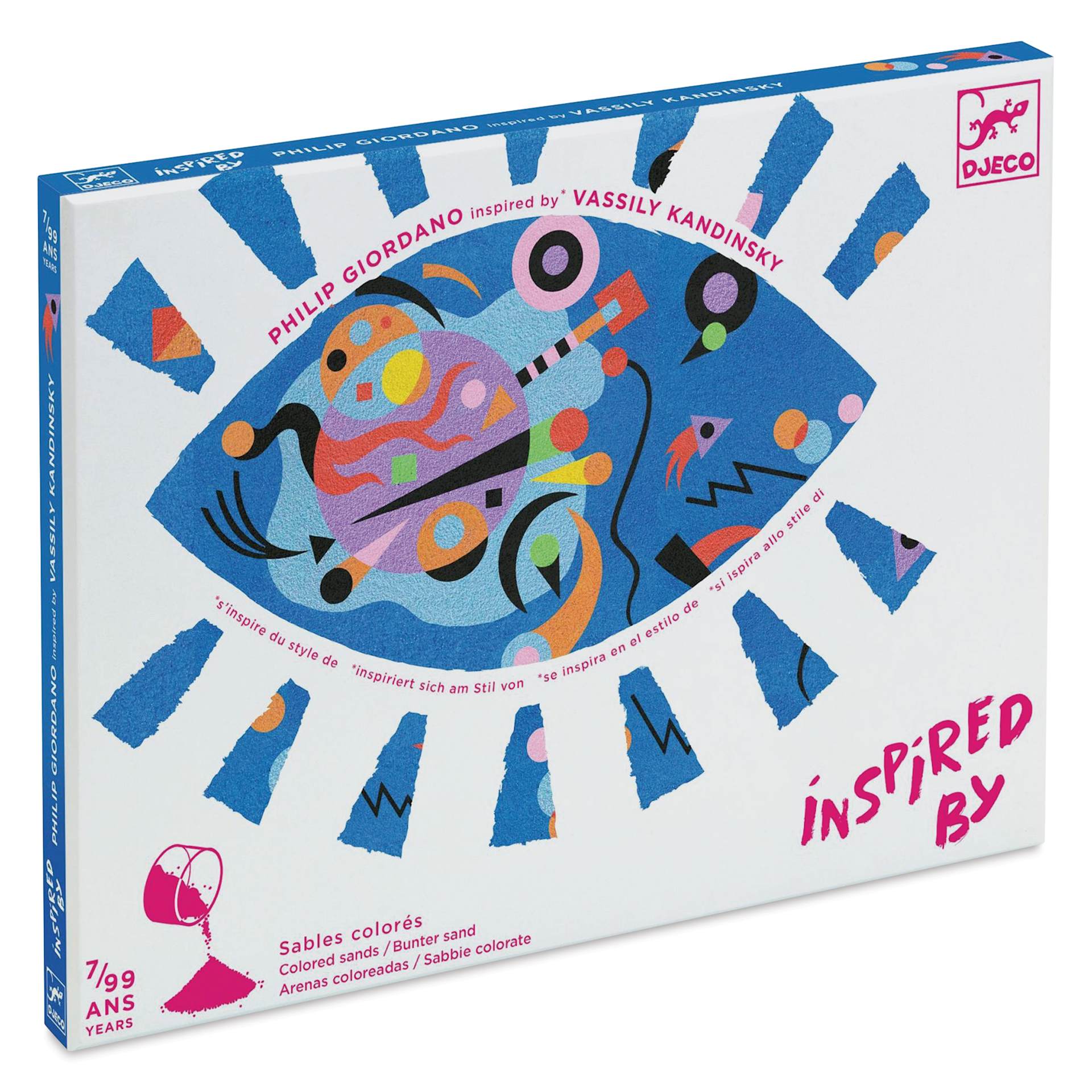 Djeco Inspired By Abstract Colored Sands Kit front of packaging angled view