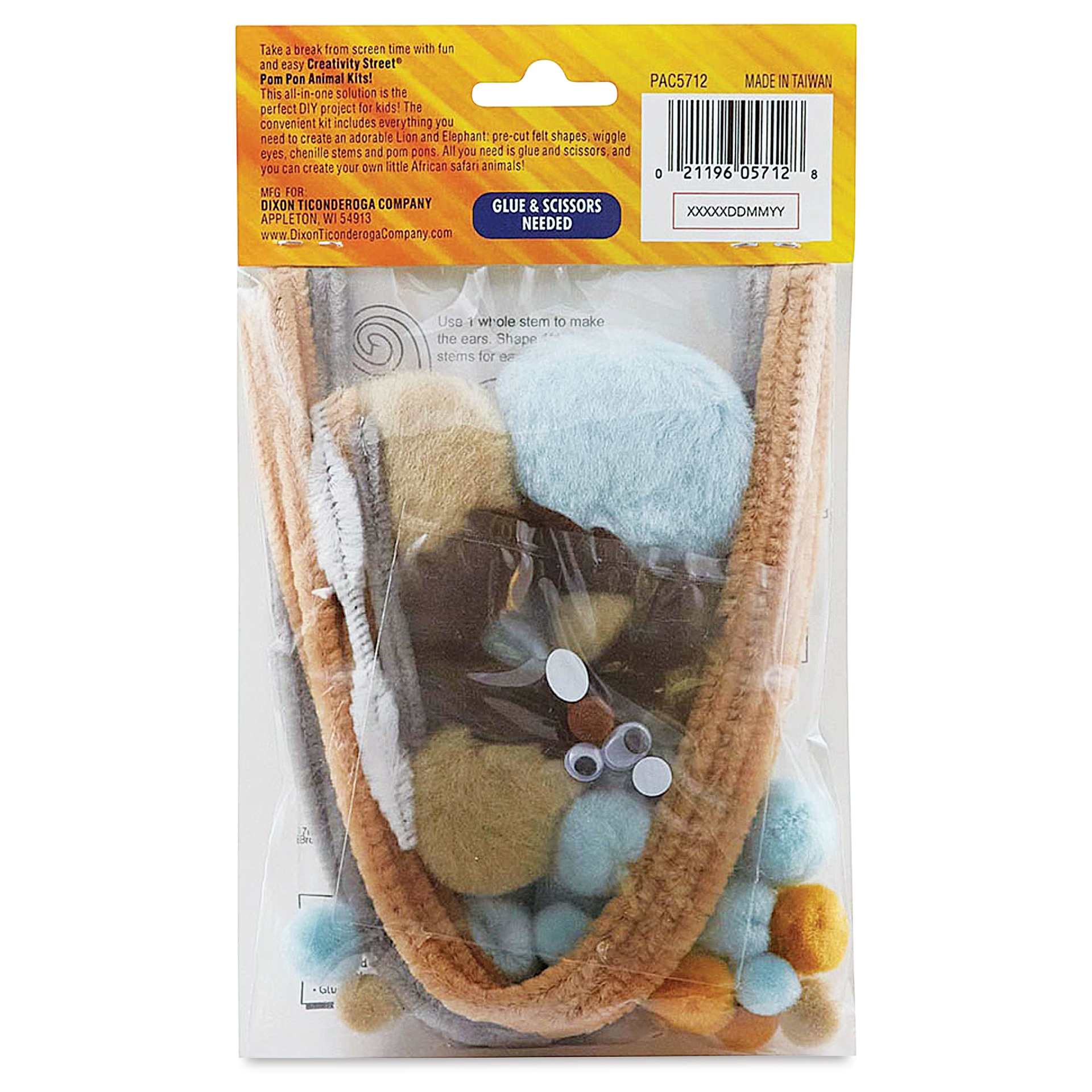 Creativity Street Pom Pon Animal Kit - Elephant and Lion, Set of 2 (back of packaging)