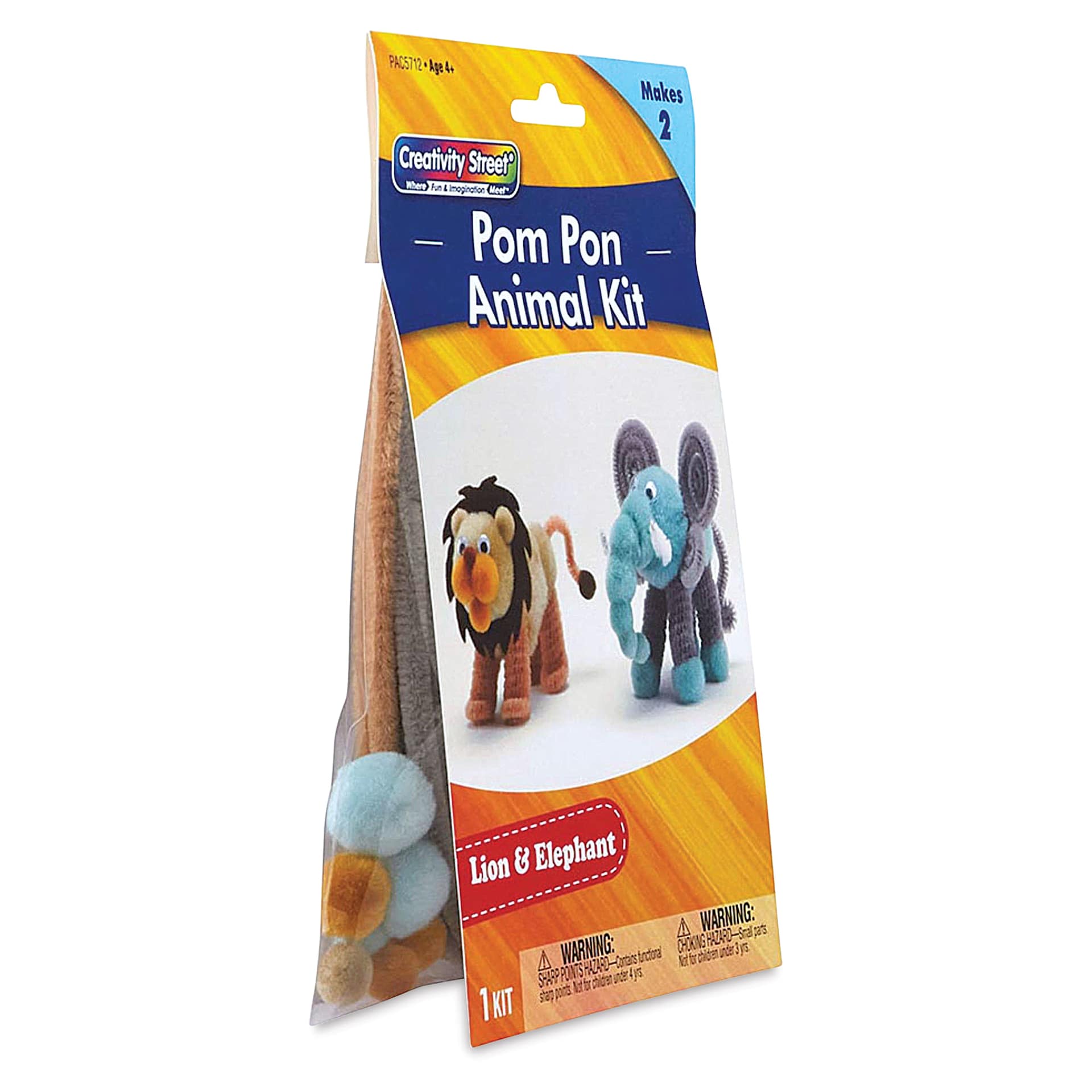 Creativity Street Pom Pon Animal Kit - Elephant and Lion, Set of 2 (front of packaging, angled view)
