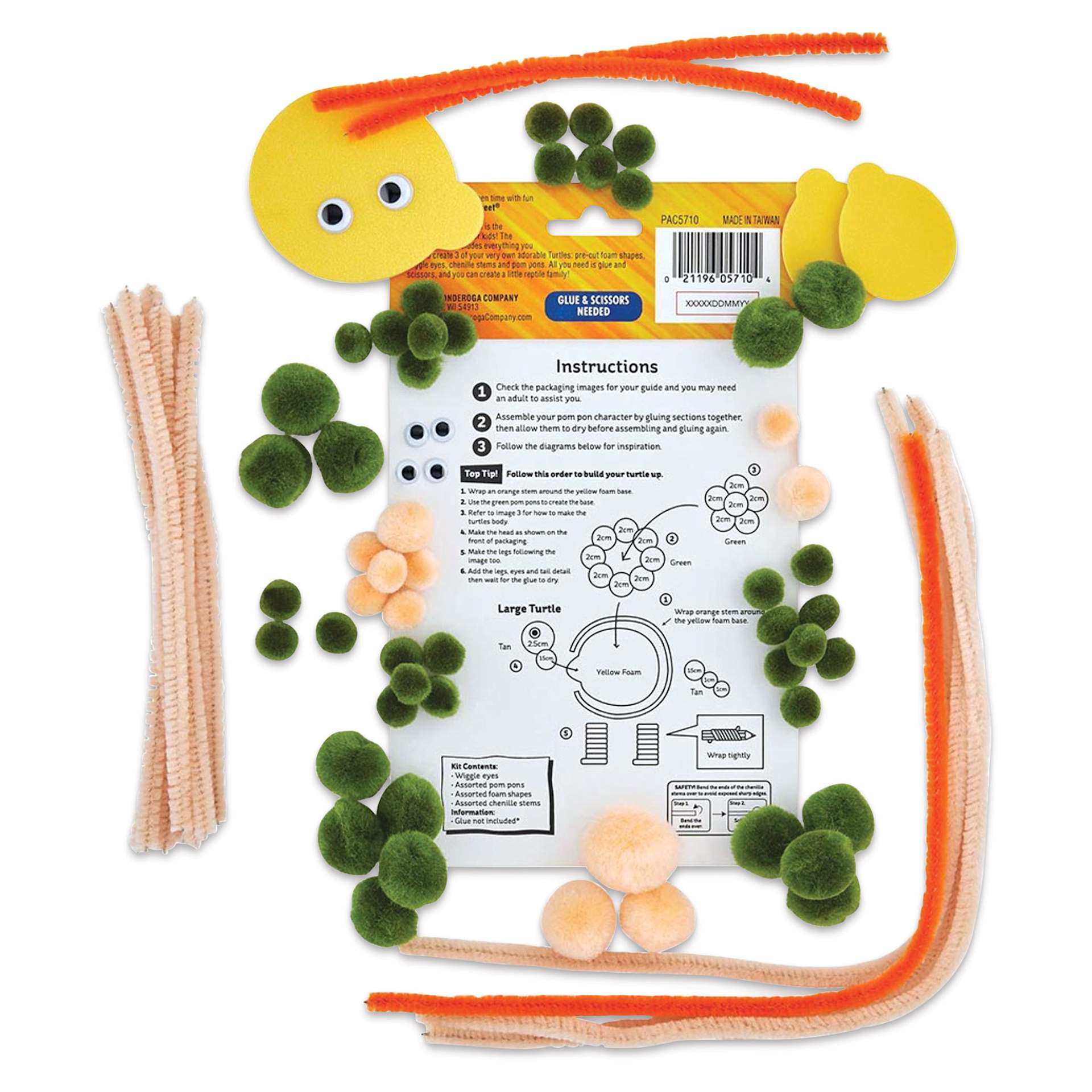 Creativity Street Pom Pon Animal Kit - Turtles, Set of 3 (kit contents and instructions)