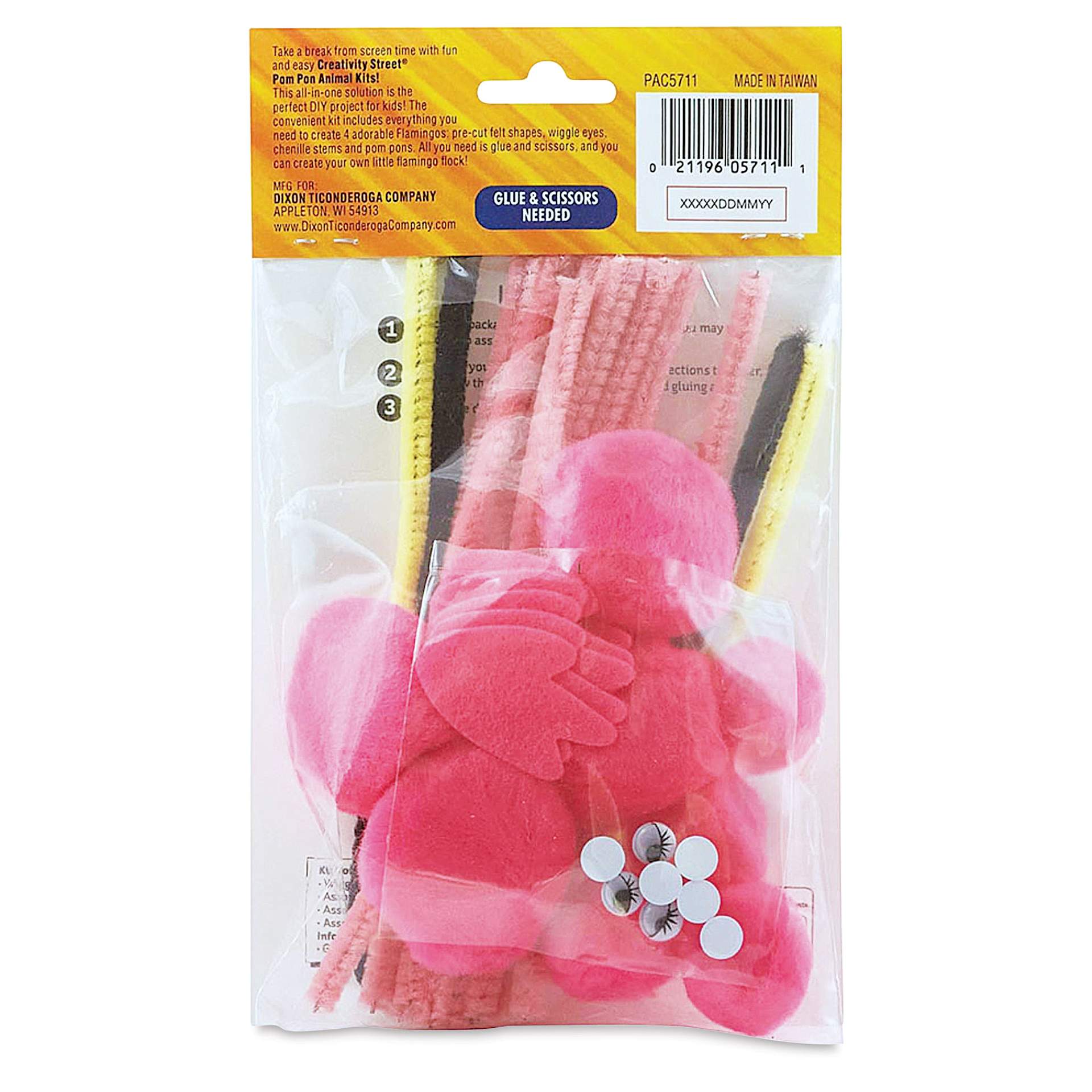 Creativity Street Pom Pon Animal Kit - Flamingos, Set of 4 (back of packaging)