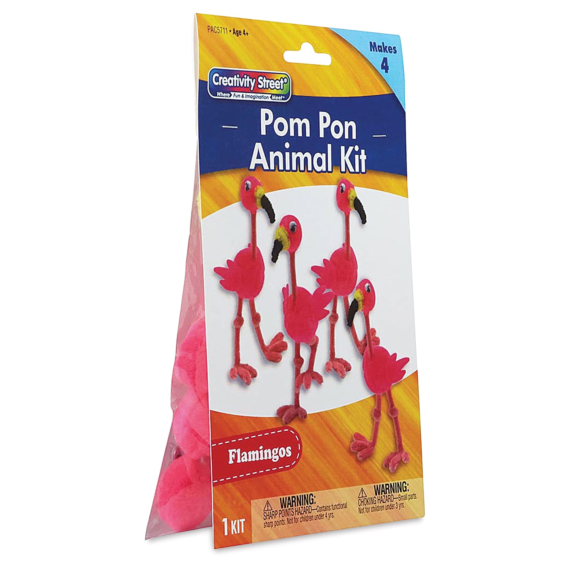 Creativity Street Pom Pon Animal Kit - Flamingos, Set of 4 (front of packaging, angled view)