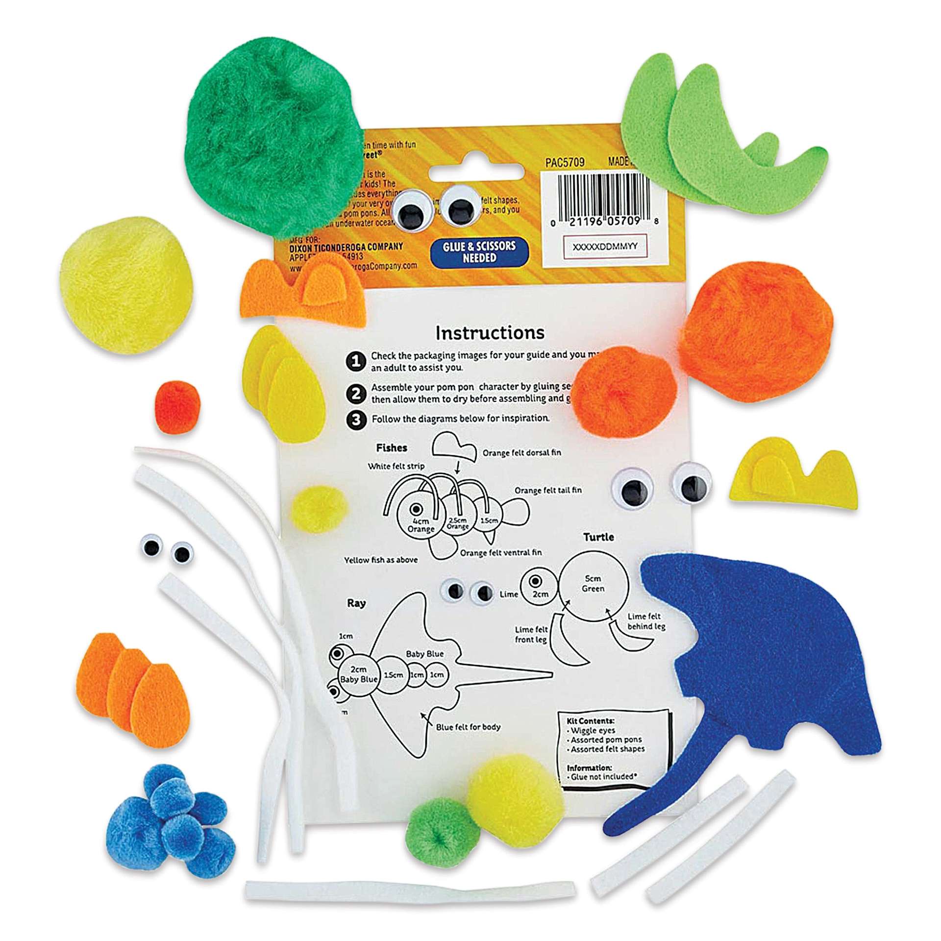 Creativity Street Pom Pon Animal Kit - Ocean Animals, Set of 4 (kit contents and instructions)