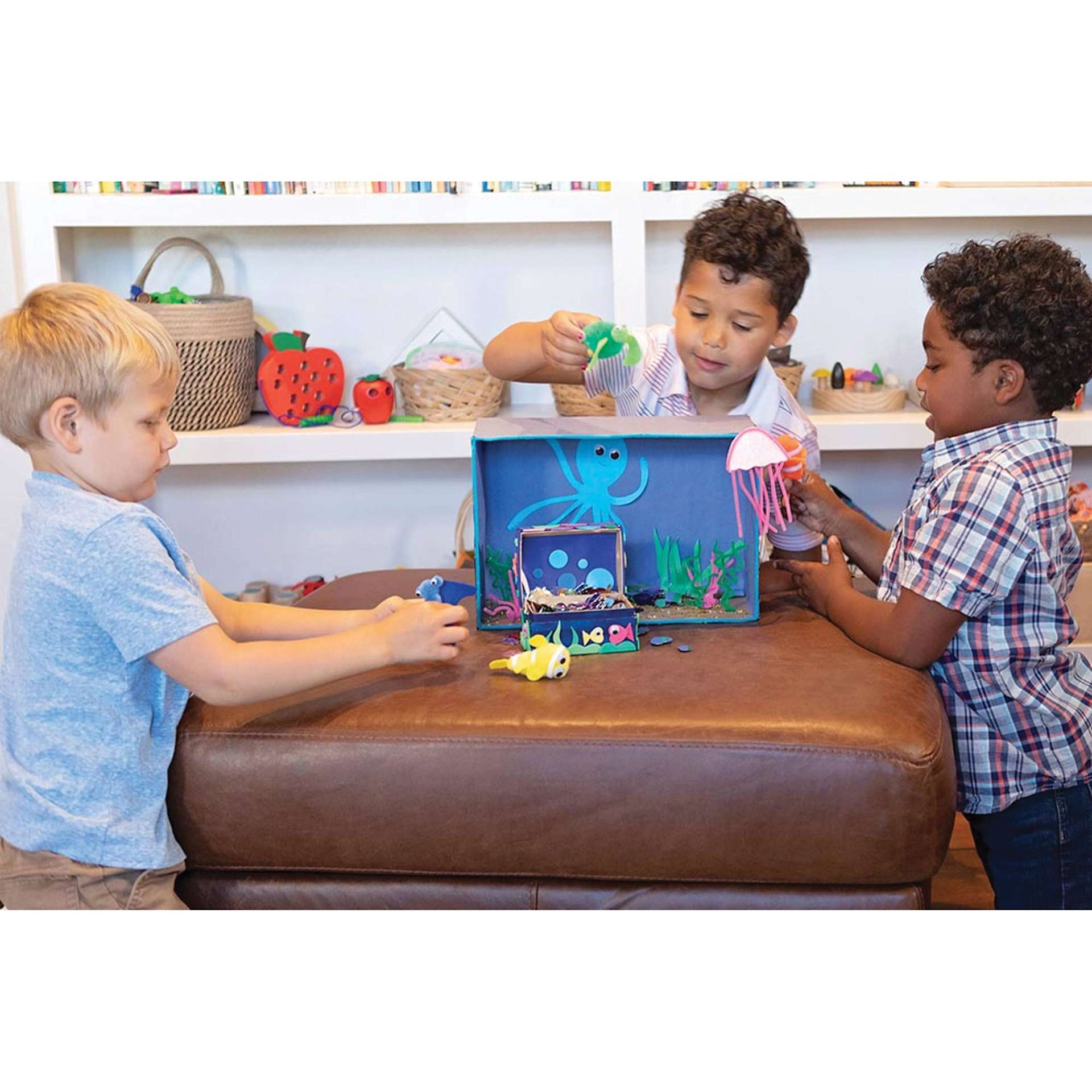 Creativity Street Pom Pon Animal Kit - Ocean Animals, Set of 4 (kids playing with finished ocean animals, diorama not included)