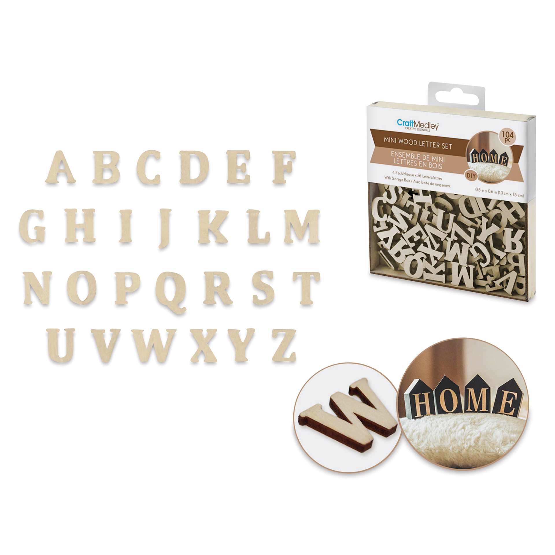 Craft Medley Mini Wood Letter Set - Natural, Pkg of 104 (alphabet, packaging, close-up and example)