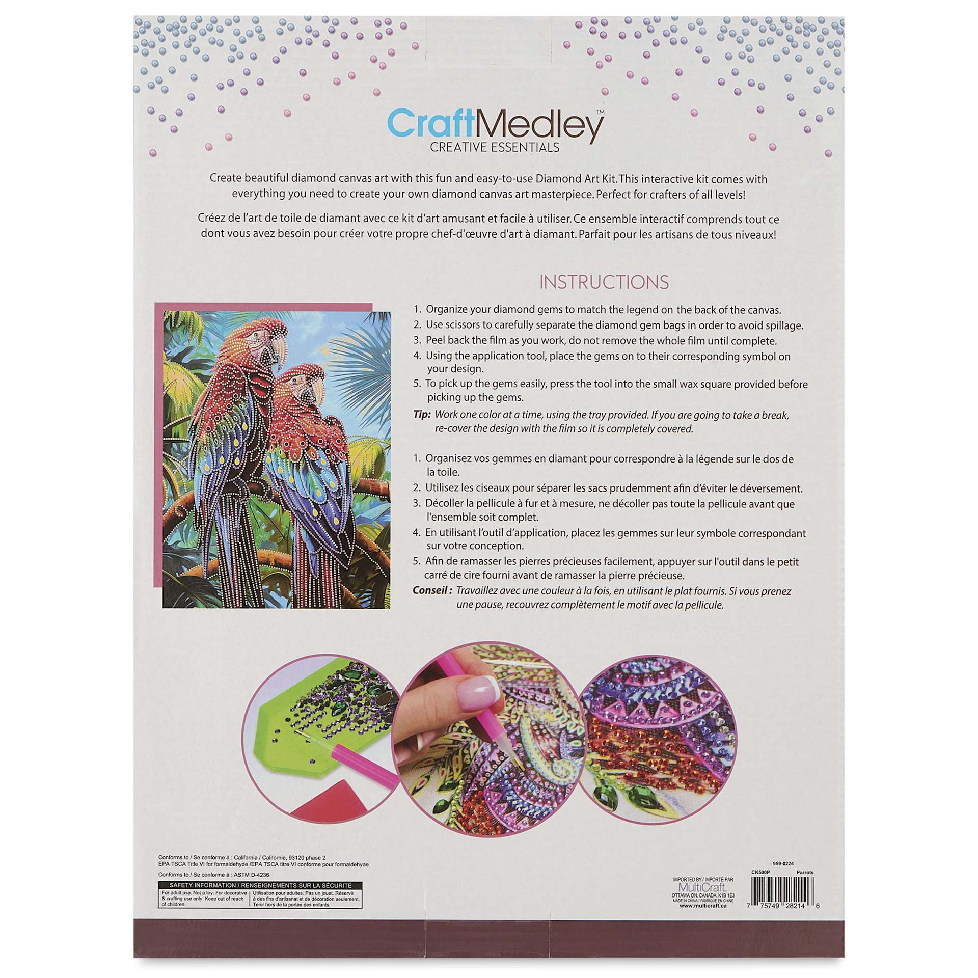 Craft Medley Diamond Painting Canvas Art Kit - Parrots - back of packaging