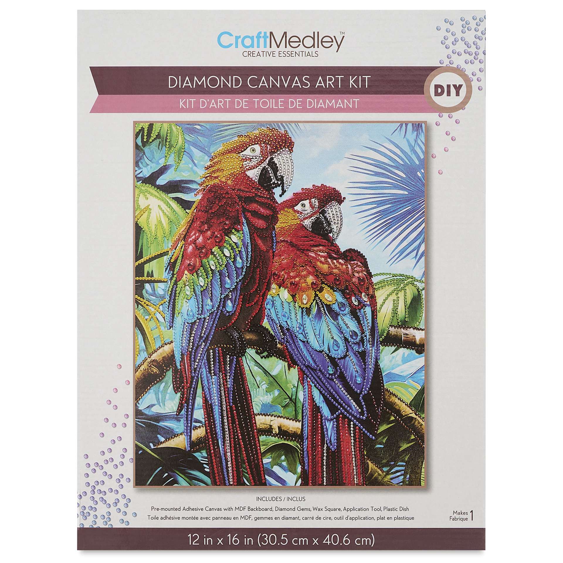 Craft Medley Diamond Painting Canvas Art Kit - Parrots - front of packaging