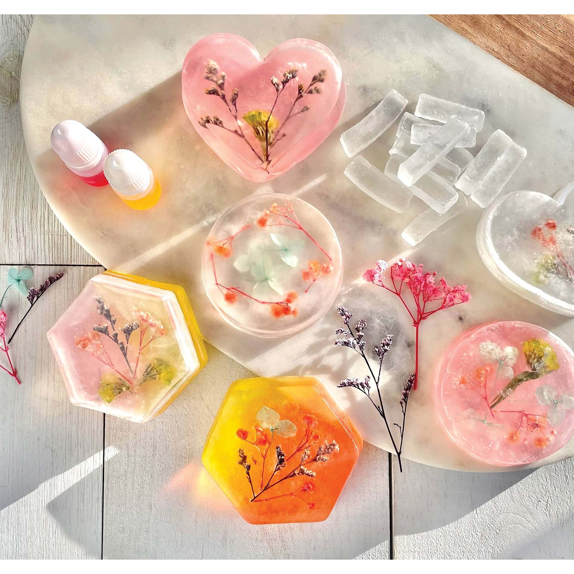 WishCraft Flower Power DIY Soaps (finished soaps with selection of kit components, top-view)