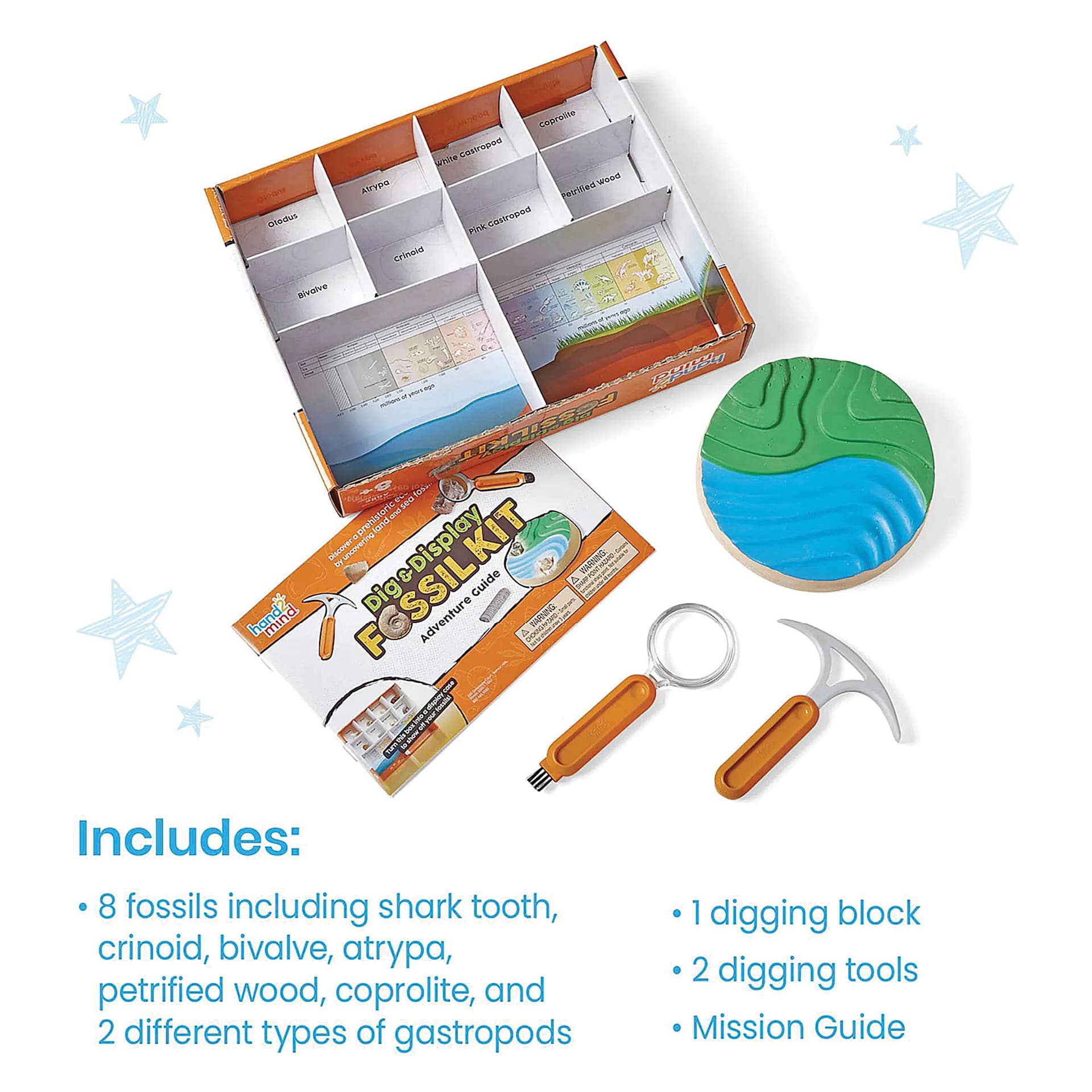 Hand2Mind Dig & Display Fossil Kit (packaging and contents with list)