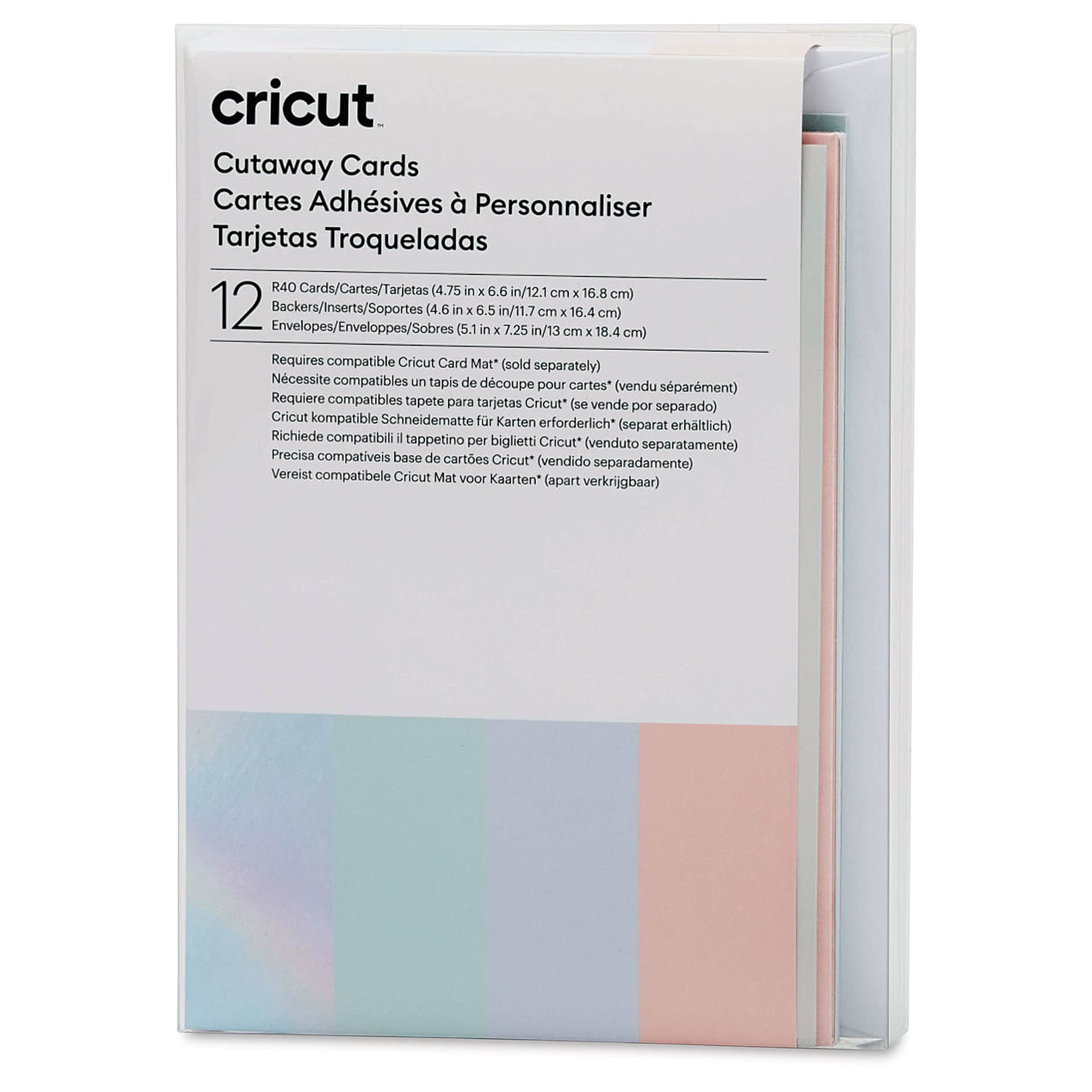 Cricut Cutaway Cards, Inserts, and Envelopes - Pastel, Pkg of 12, front of the packaging. 