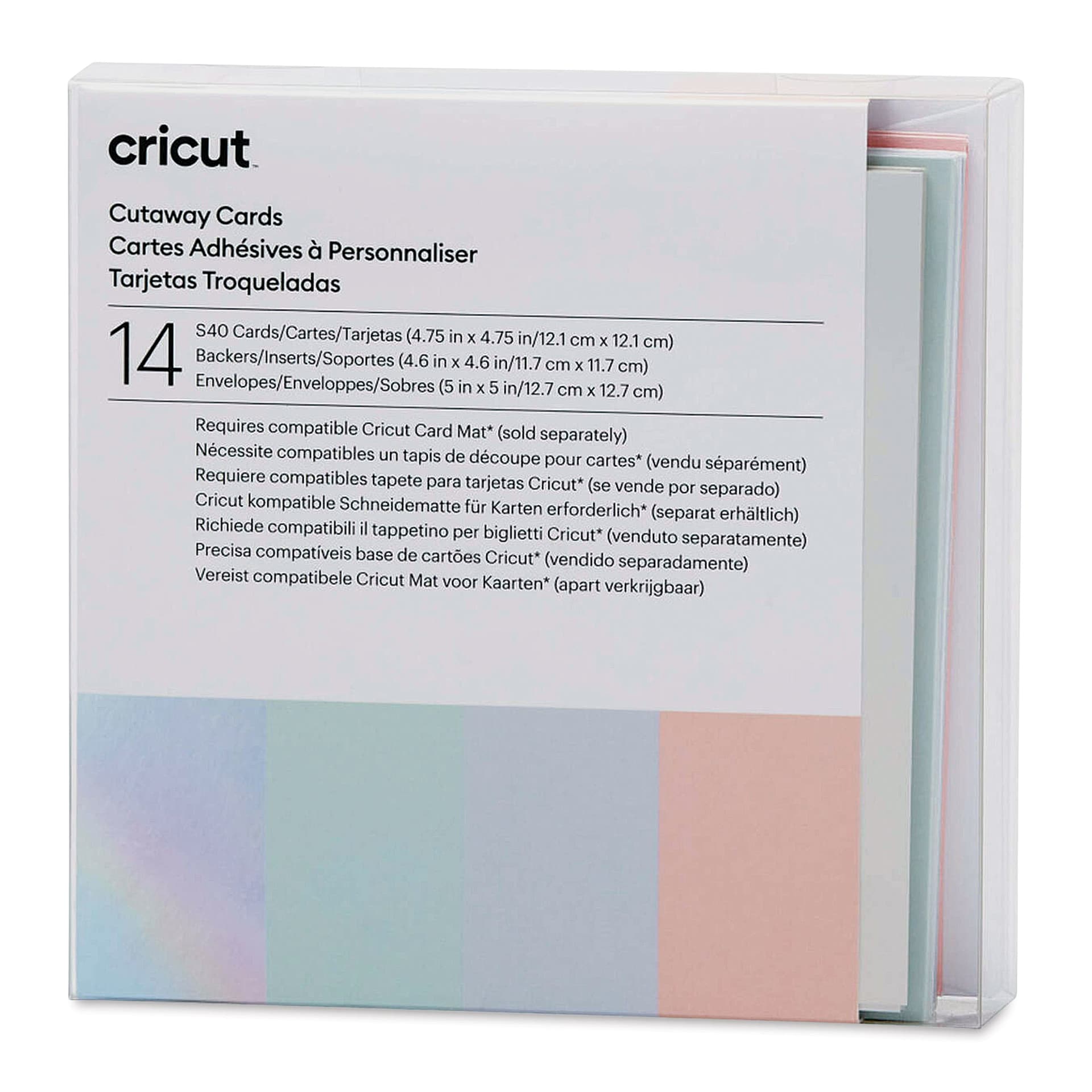 Cricut Cutaway Cards, Inserts, and Envelopes - Pastel, Pkg of 14, front of the packaging. 