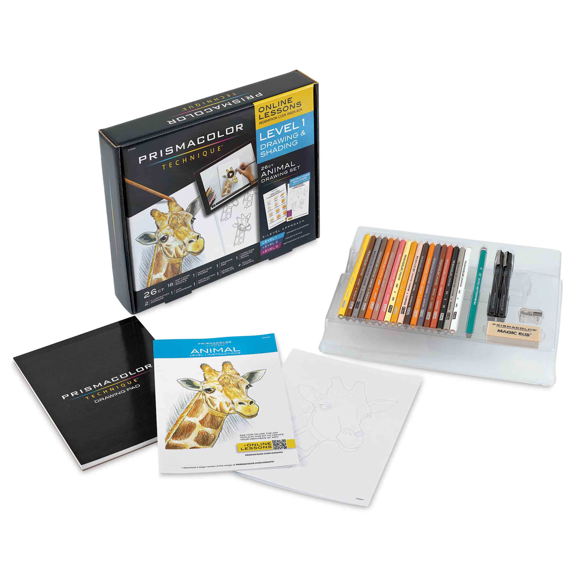 Prismacolor Technique Animal Drawing Set - Level 1, Drawing and Shading, contents laid out