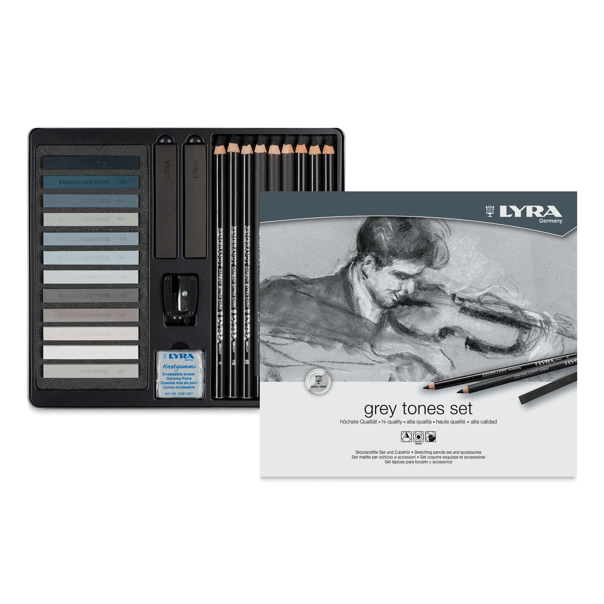 Lyra Grey Tones Sketching Set (contents in open tin with front packaging)