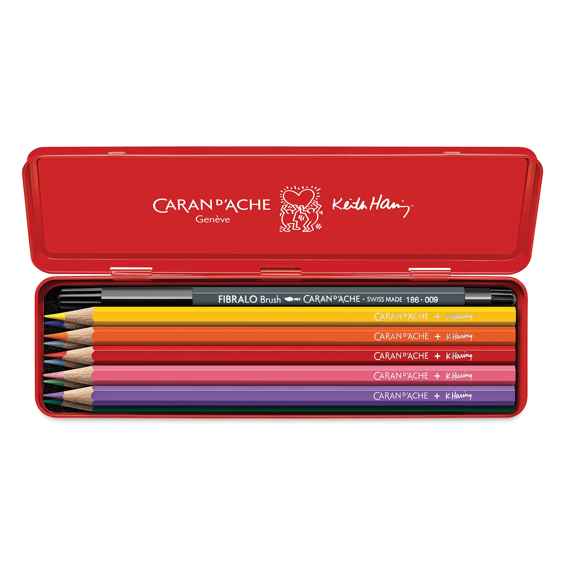 Caran d'Ache Keith Haring Colour Set, pencils and pen brush inside the packaging