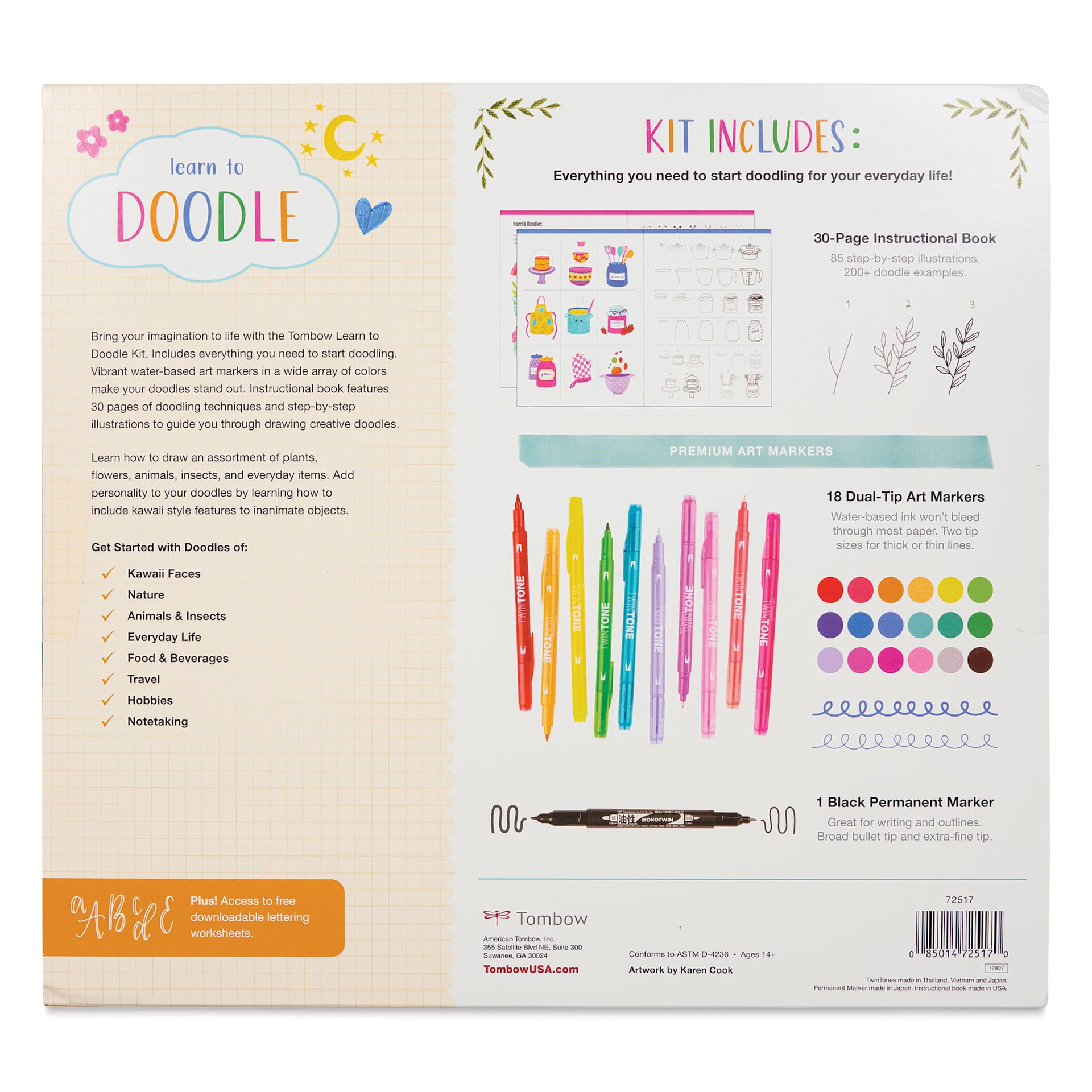 Tombow Learn to Doodle Kit, back of the packaging